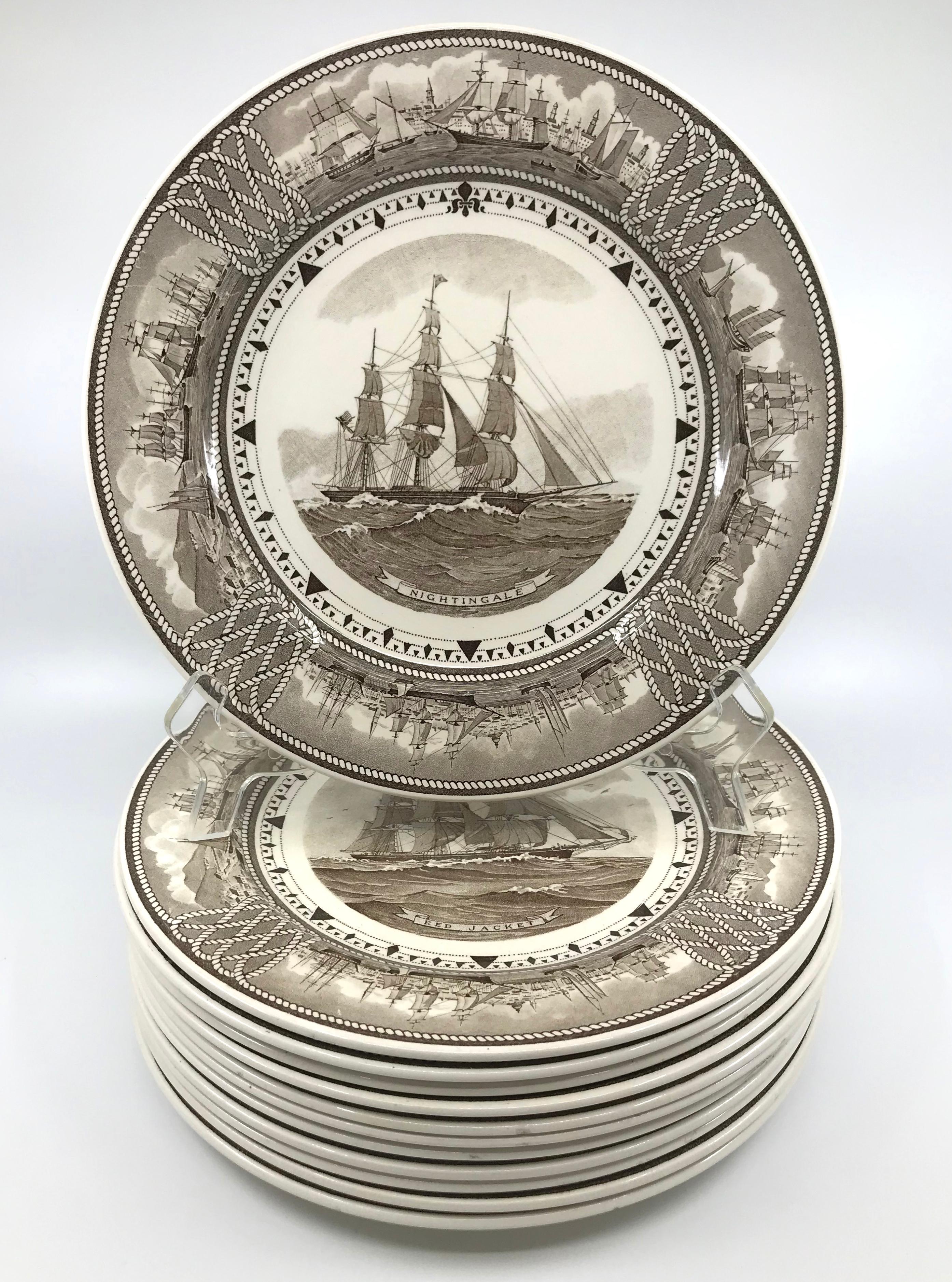 Set of twelve Wedgwood American clipper ships plates. Twelve individual plates in sepia browns featuring twelve unique famed American sailing vessels with the history, builder and owner of each on the reverse. Masculine design with compass point