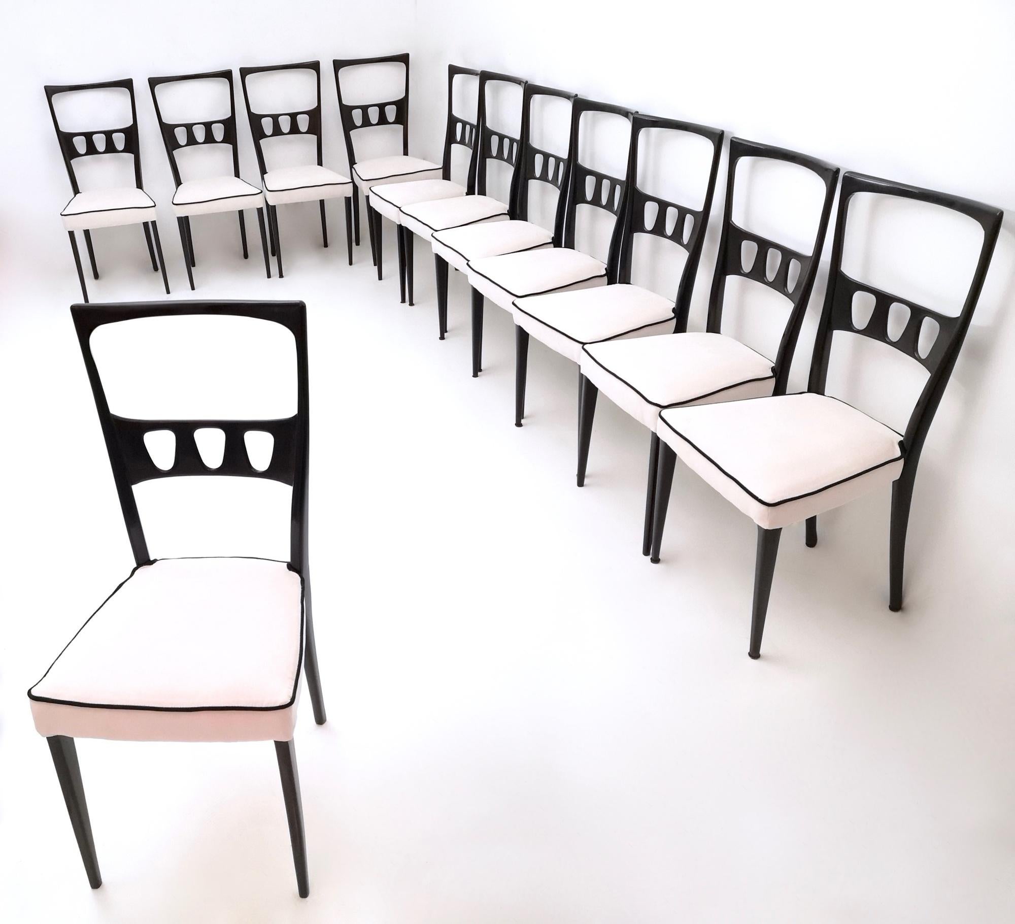 Mid-Century Modern Set of Twelve Vintage Dining Chairs with White Velvet Upholstery, Italy