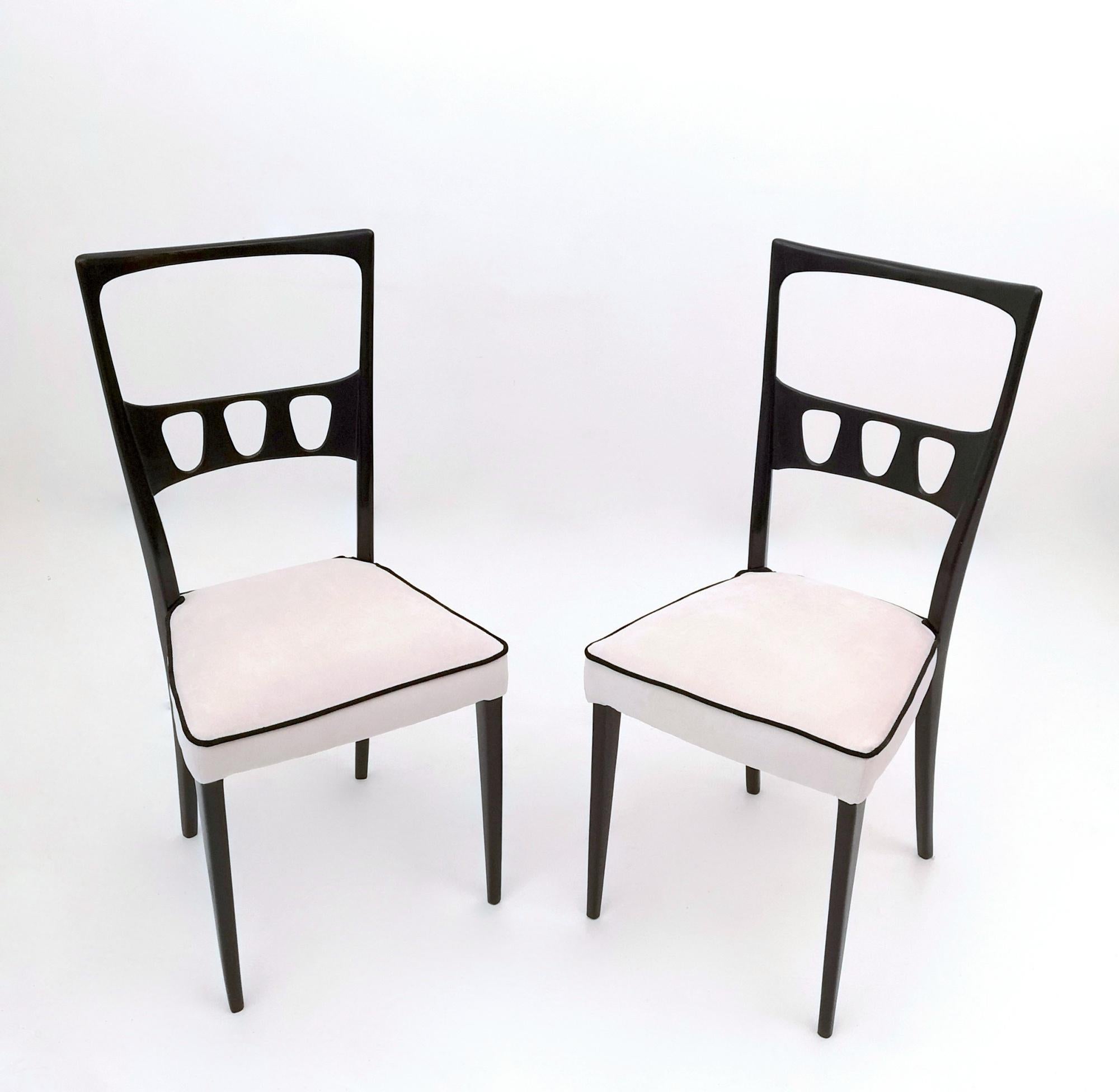 Ebonized Set of Twelve Vintage Dining Chairs with White Velvet Upholstery, Italy
