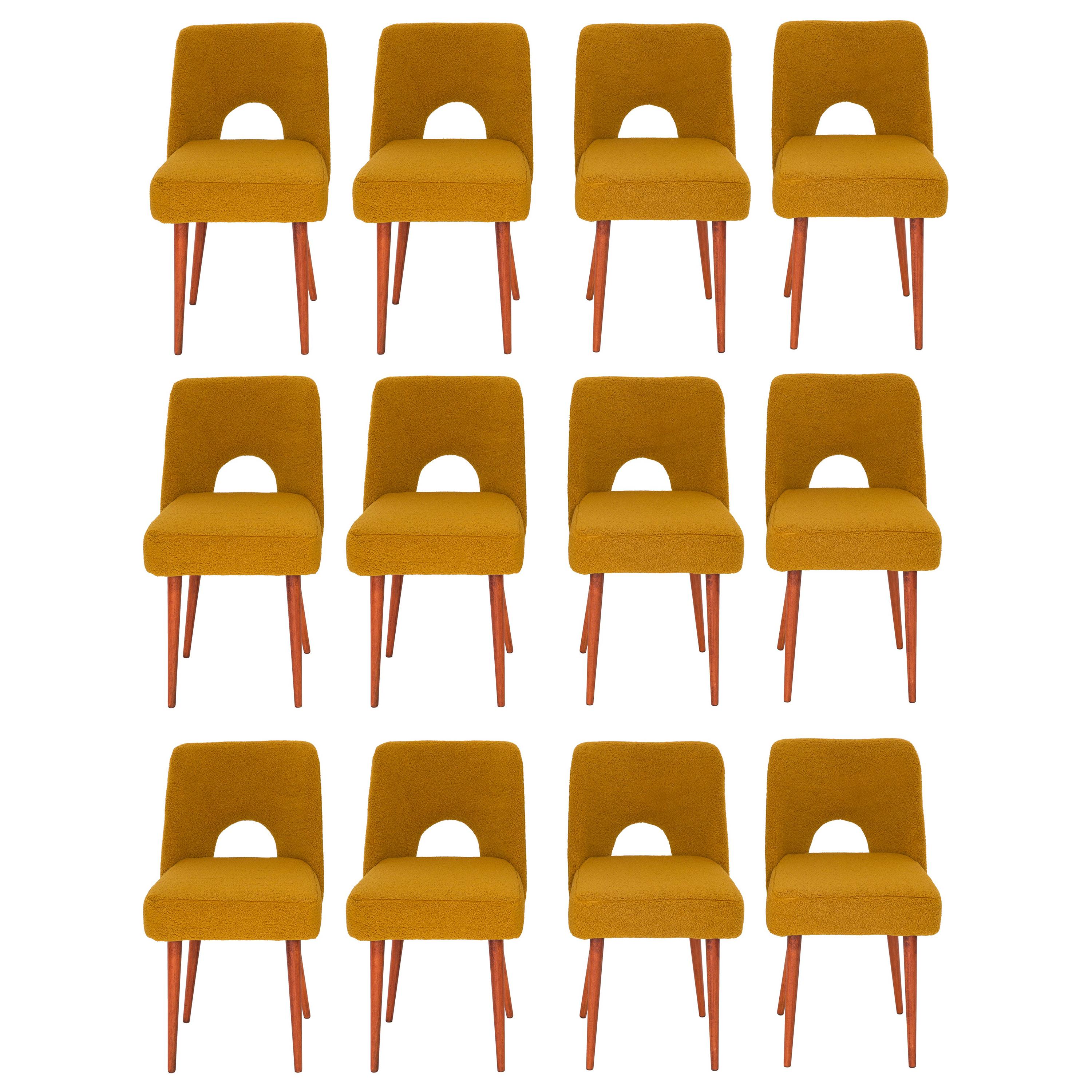 Ensemble de douze chaises Shell en bouclette d'ocre jaune, années 1960