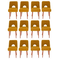 Vintage Set of Twelve Yellow Ochre Boucle 'Shell' Chairs, 1960s