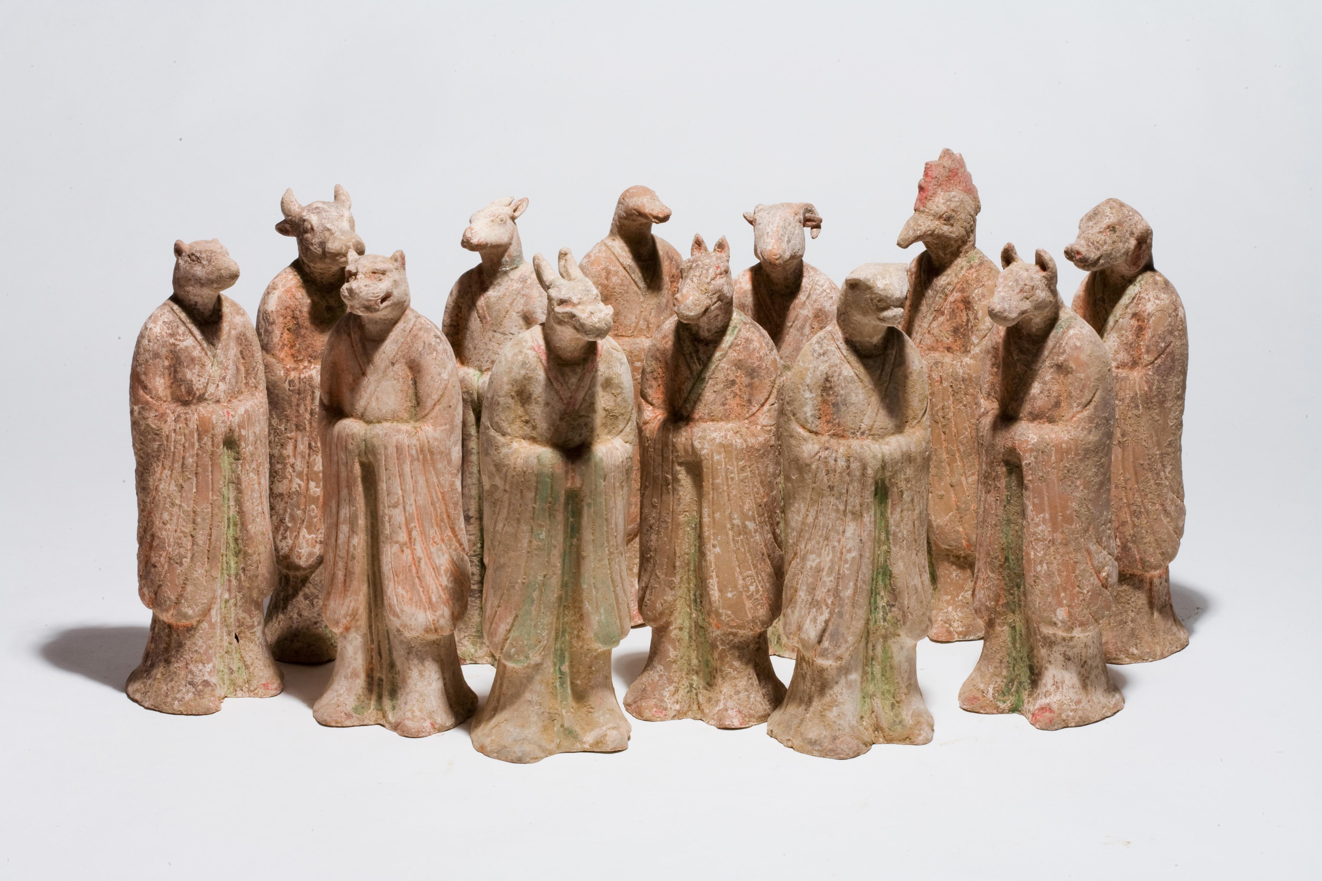 Pottery Set of Twelve Zodiac Animal Figures, Tang Dynasty For Sale