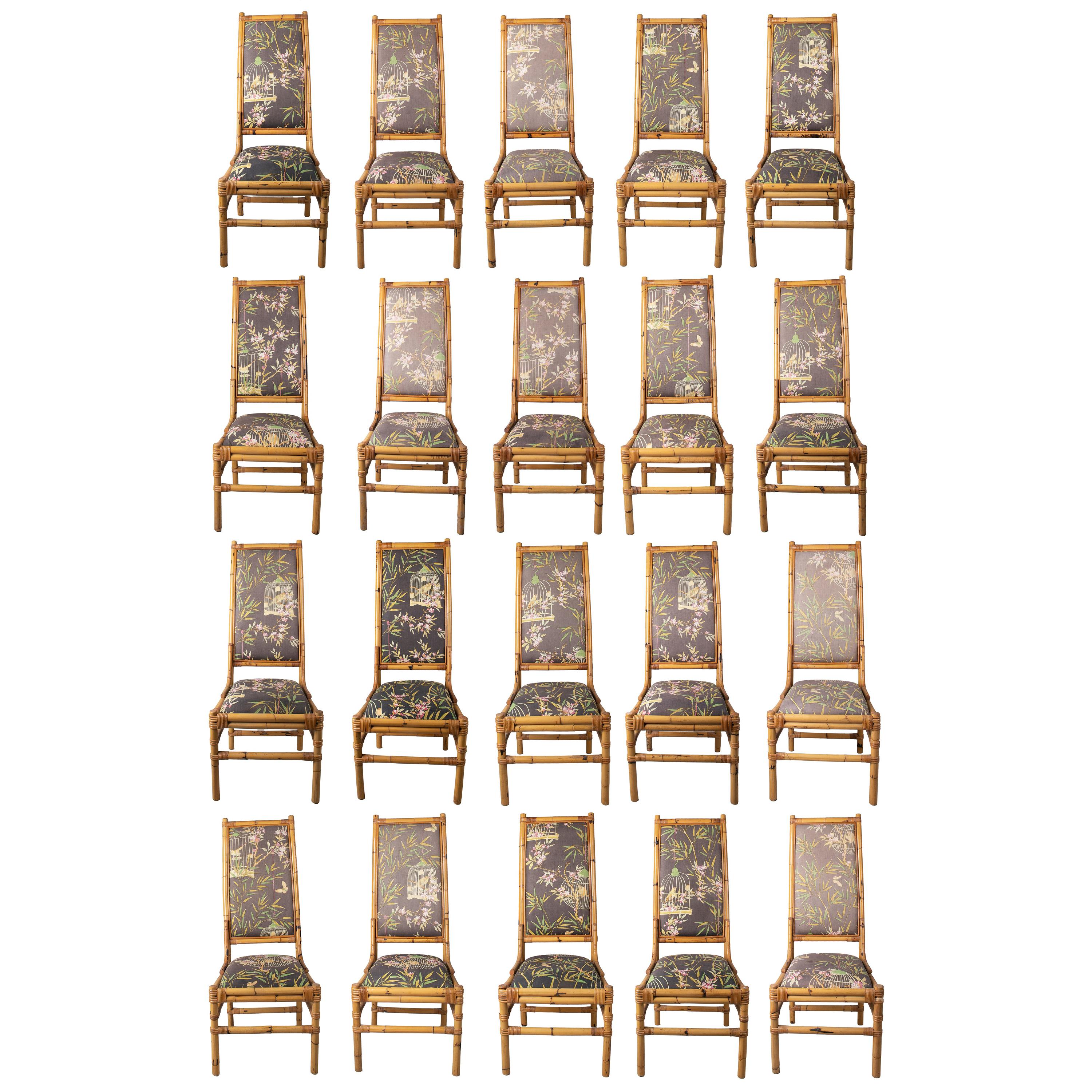 Set of Twenty 1970s Spanish Bamboo Upholstered High Back Chairs