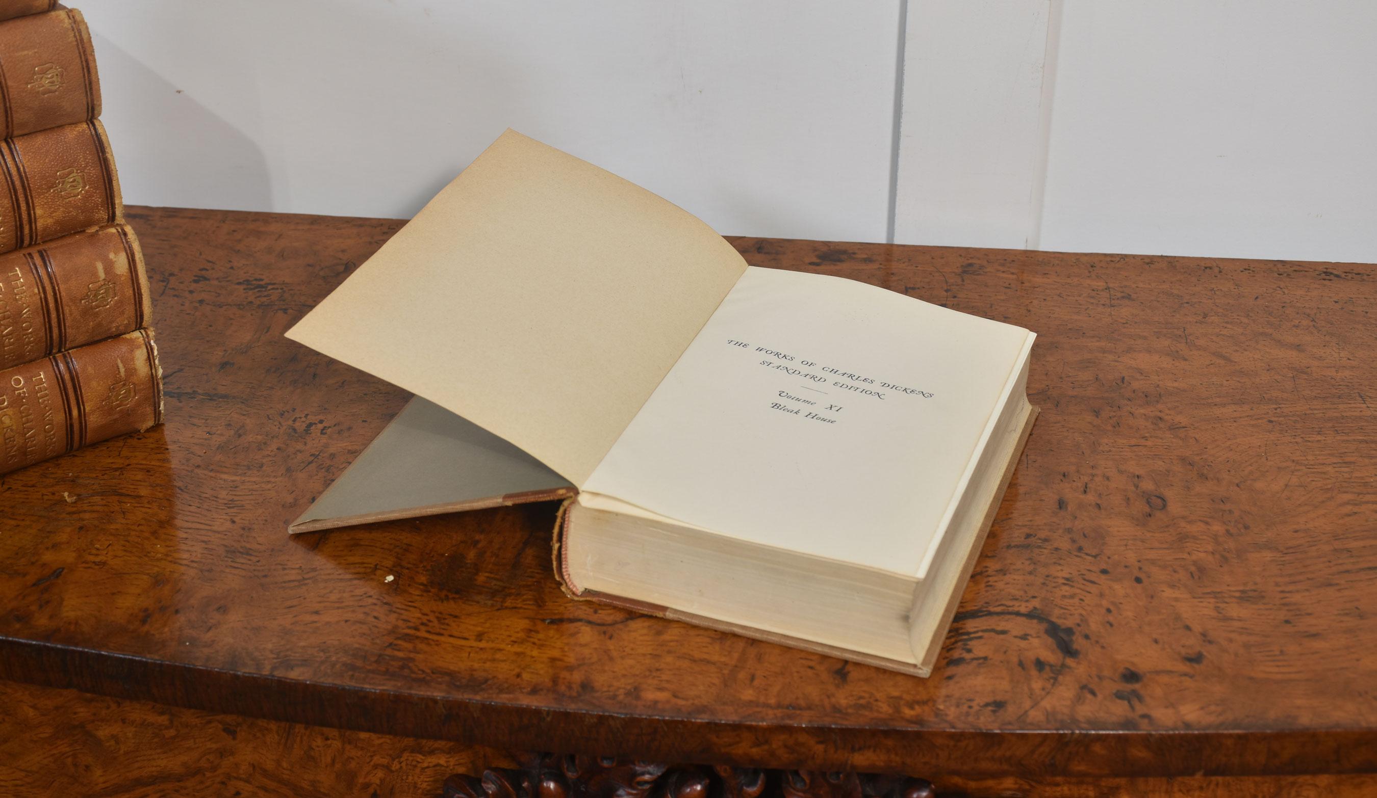 Leather Set of twenty leather bound books by charles Dickens For Sale