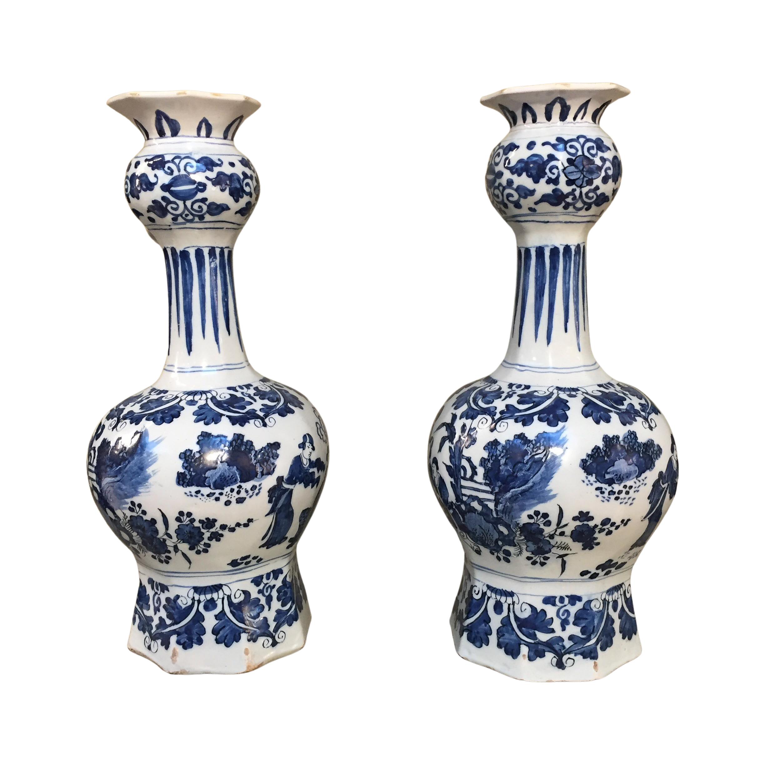 Glazed Set of Two 17th Century Dutch Delft Vases in Chinoiserie