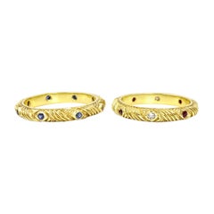 Set of Two 18 Karat JJ Marco Gemstone and Diamond Stackable Rings