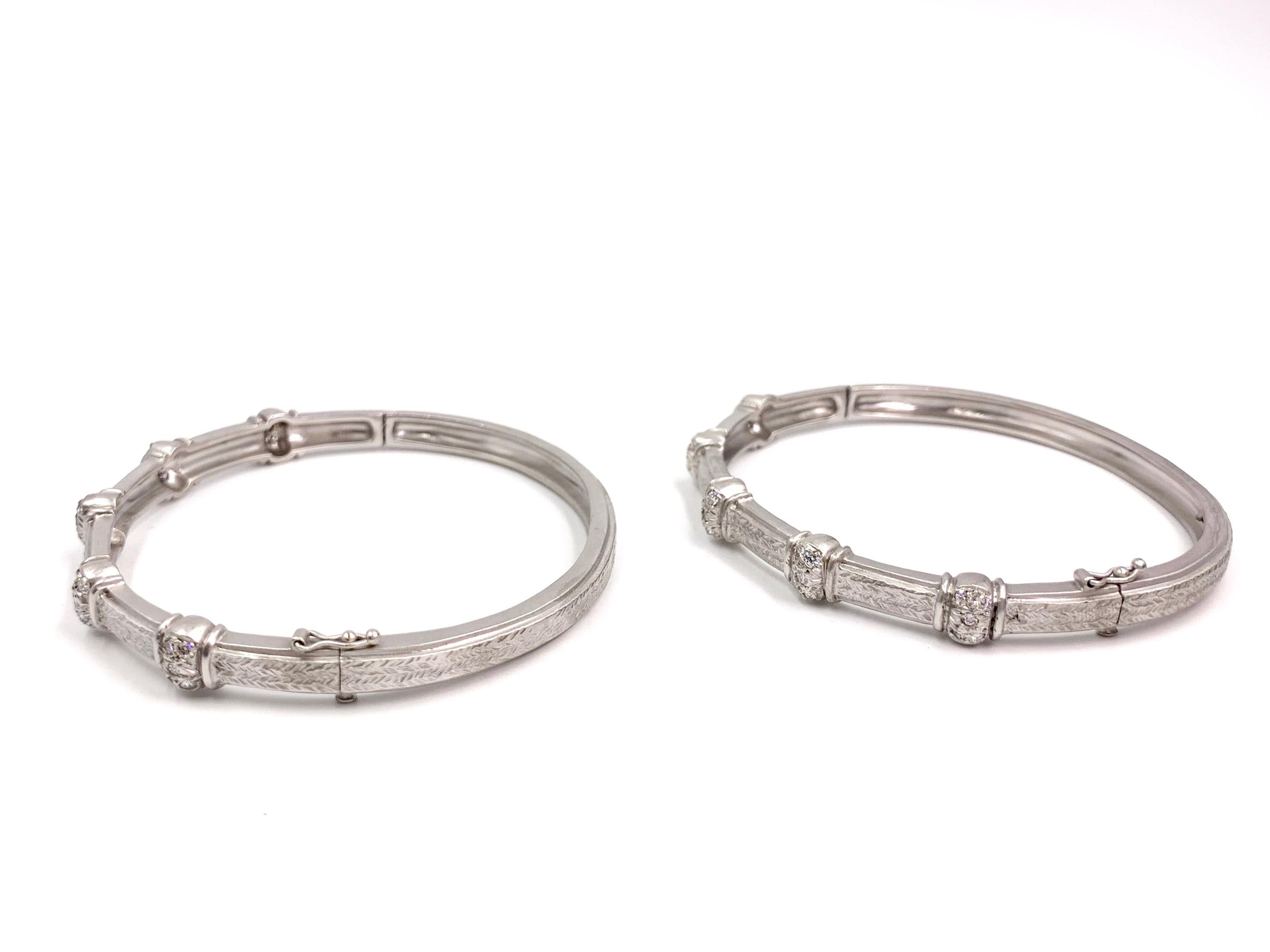 Doris Panos Set of Two 18 Karat White Gold and Diamond Carved Bangle Bracelets In Good Condition For Sale In Pikesville, MD