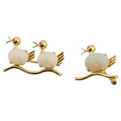 Set aus zwei 18 Karat Gold Familie von Enten-Schmuckbroschen mit Opalen