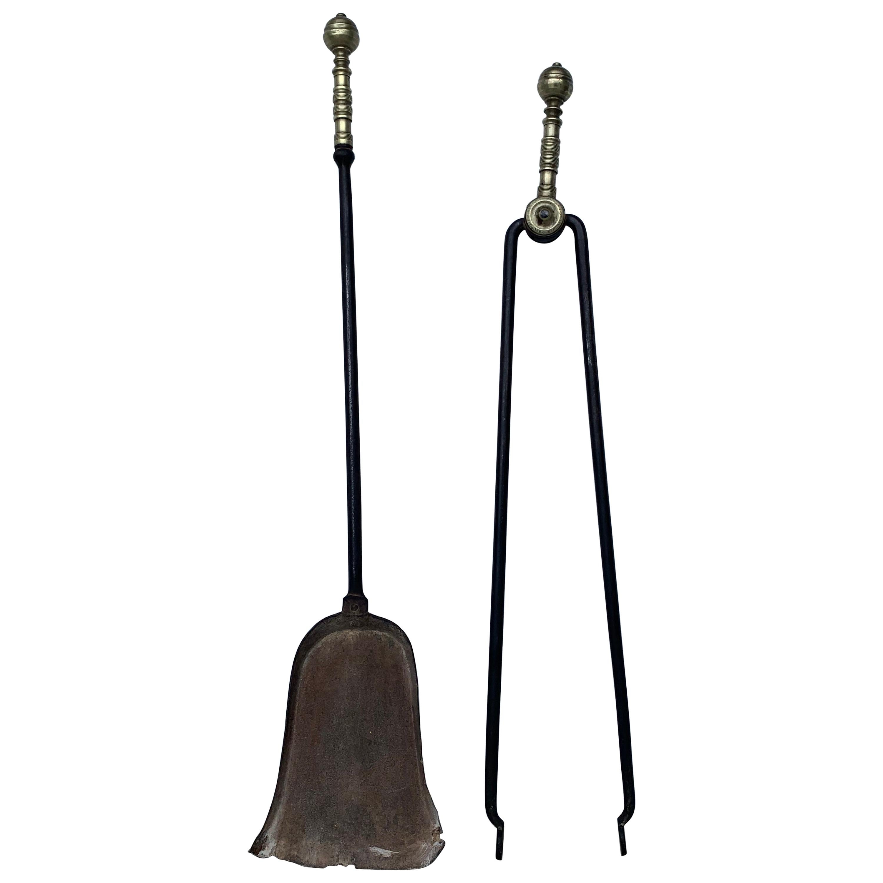 Set of Two 18th Century Brass and Iron Fireplace Tools For Sale
