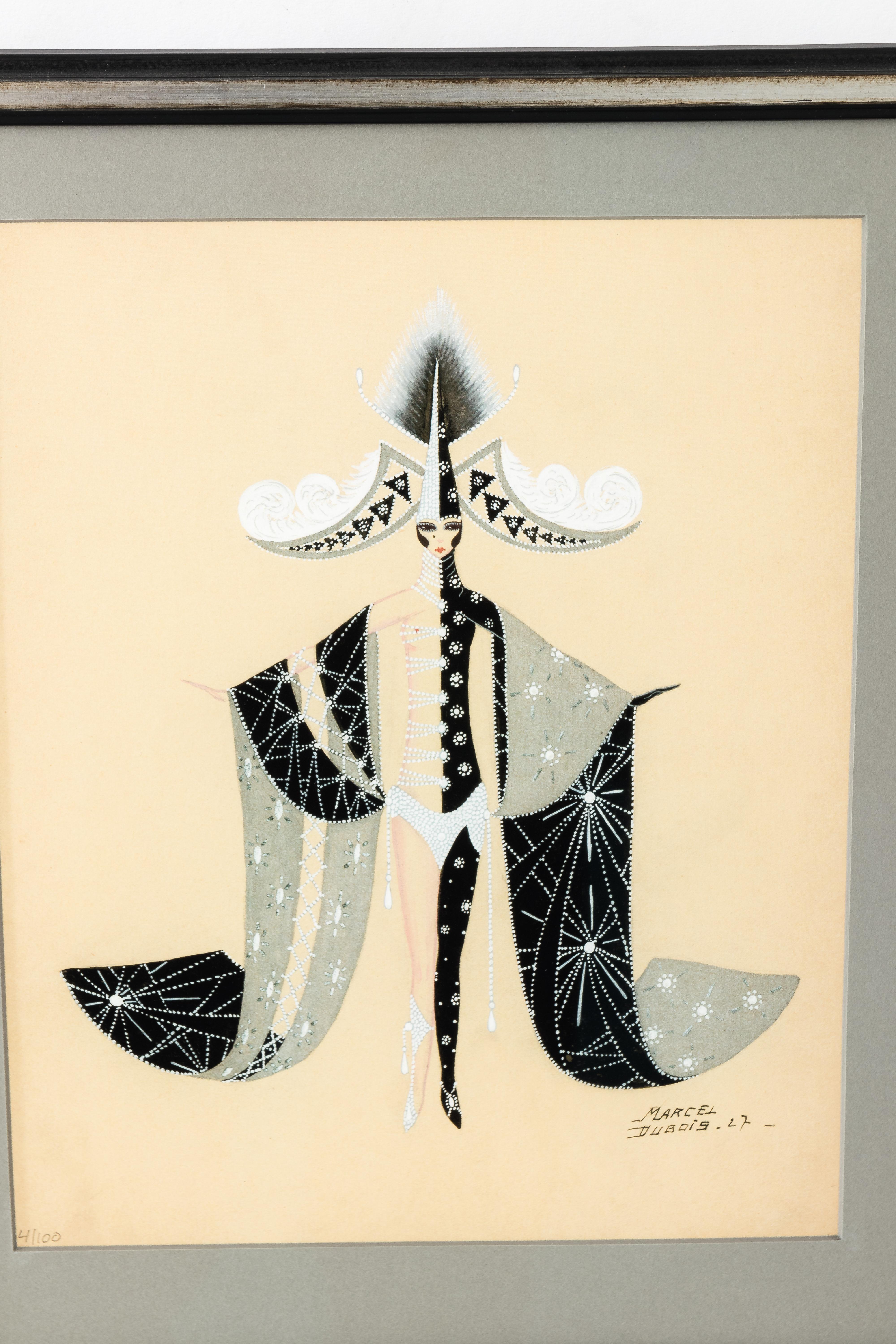 1920er Jahre Art Deco Follies Bergere Kostüm Illustrationen von Marcel DuBois, 2er-Set  im Zustand „Gut“ in Stamford, CT