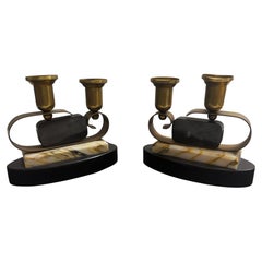 Set of Two 1930s Art Deco Brass, Marble and Onyx French Candelabras