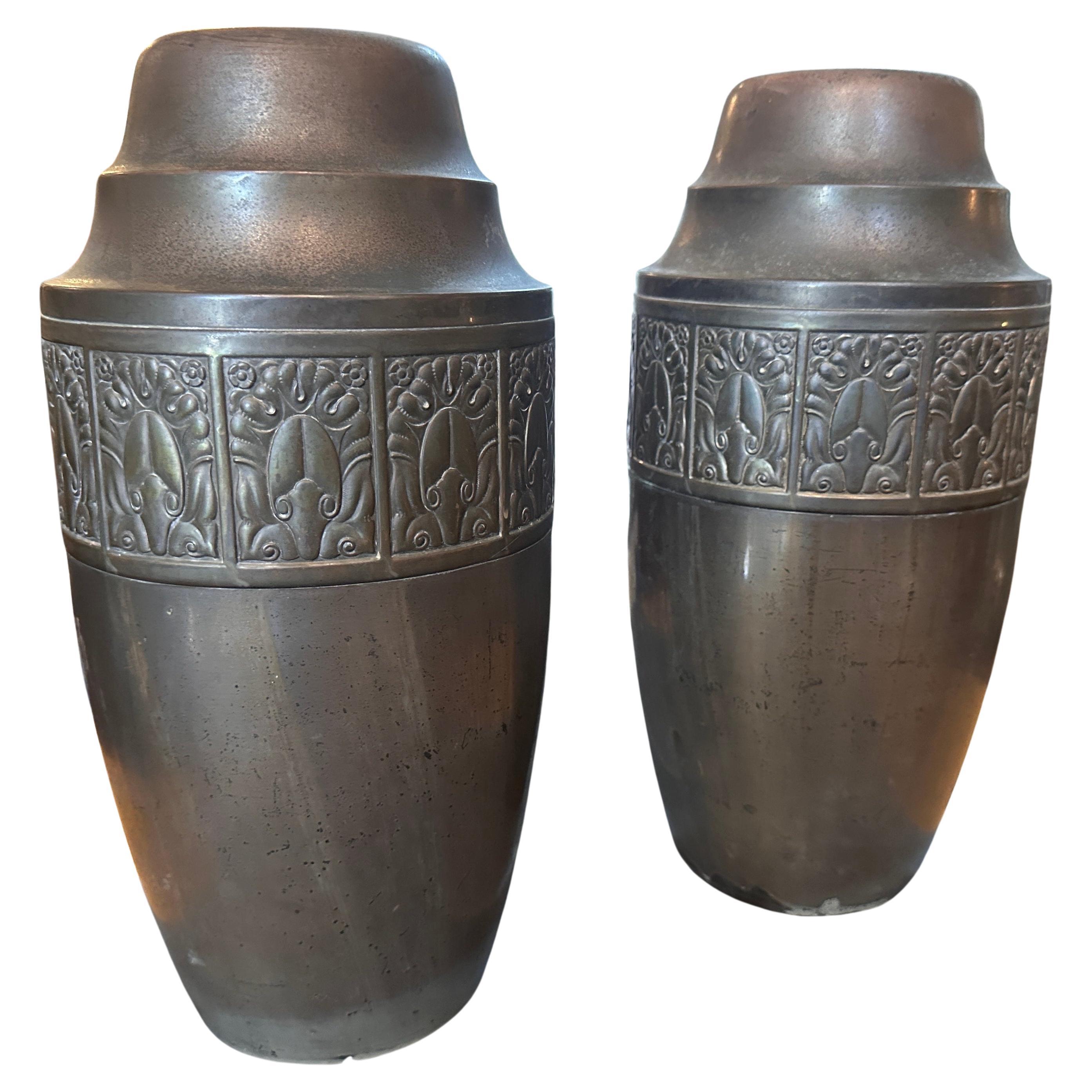 Set of Two 1930s Art Deco Copper Italian Vases 