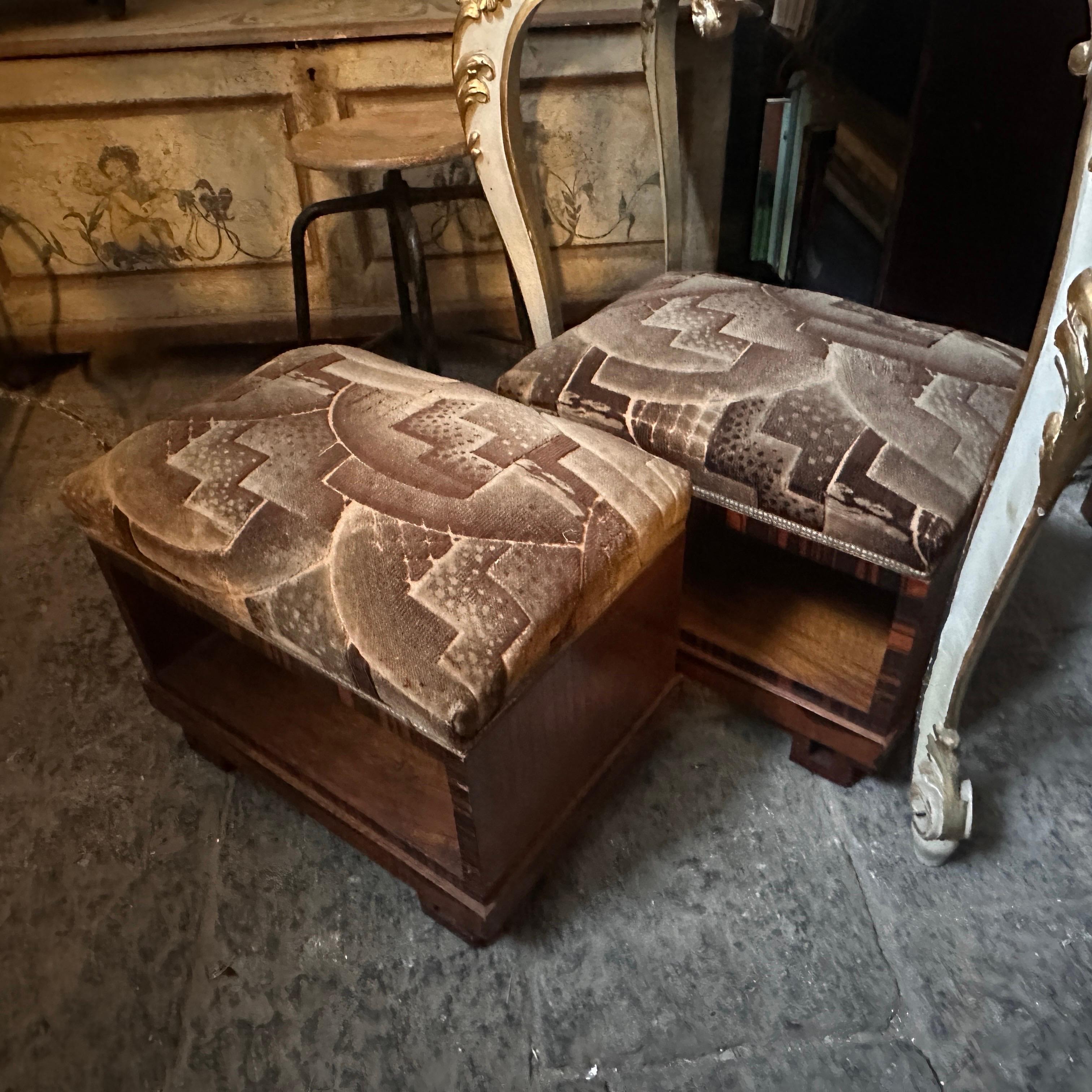 Hand-Crafted Set of Two 1930s Art Deco Various Wood and Futurist Fabric Italian Poufs