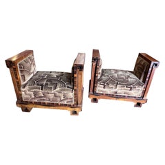 Set of Two 1930s Art Deco Various Wood and Futurist Fabric Italian Poufs