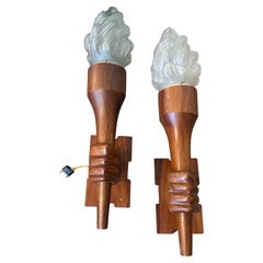 Set of Two 1940s Art Deco Wood and Glass Italian Wall Sconces
