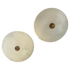 Set of Two 1950s Brass and Glass Round Wall Lamps in the manner of Stilnovo Set of Two 1950s Brass and Glass Round Wall Lamps in the manner of Stilnovo