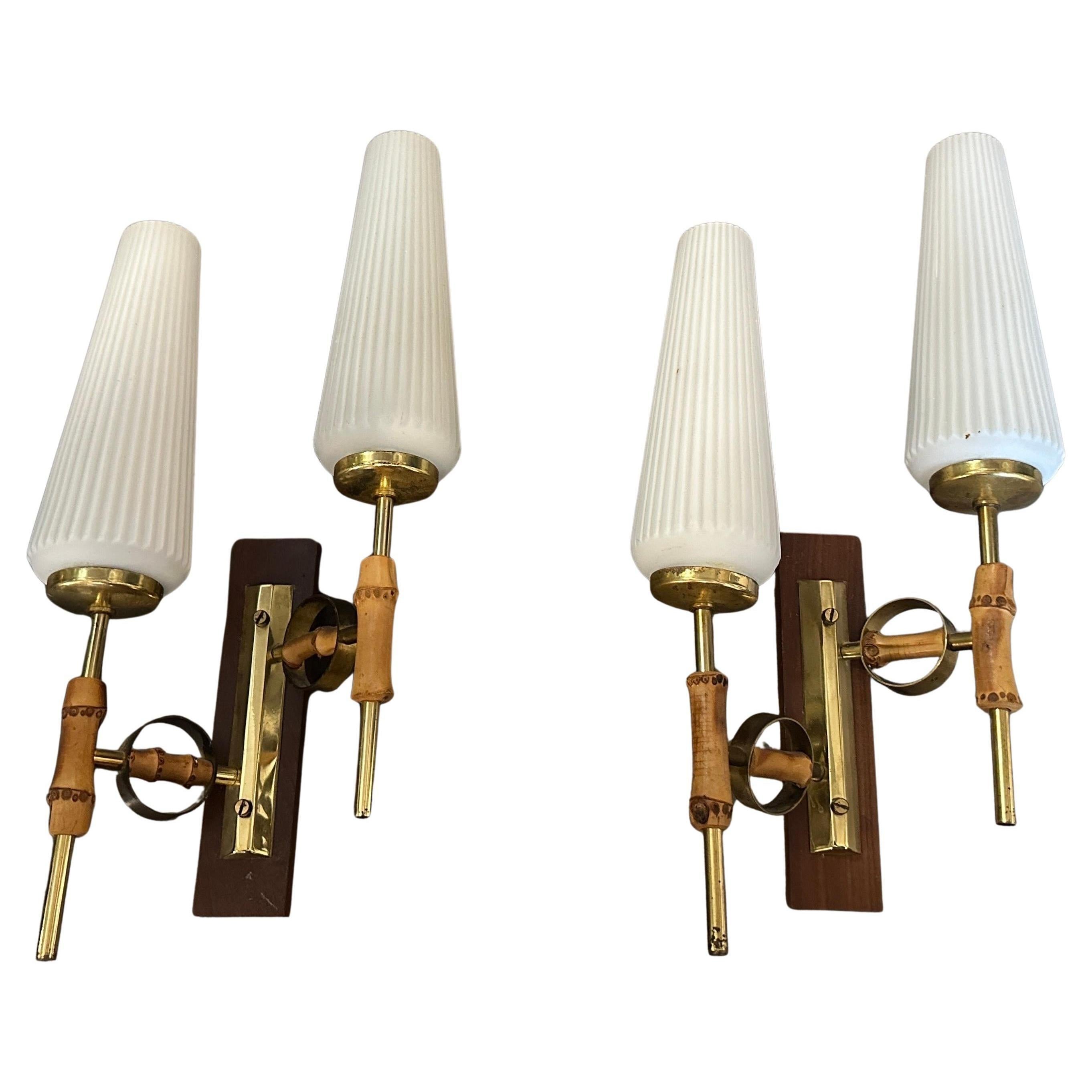 Set of Two 1950s Mid-Century Modern Brass, Bamboo and Glass Italian Wall Sconces