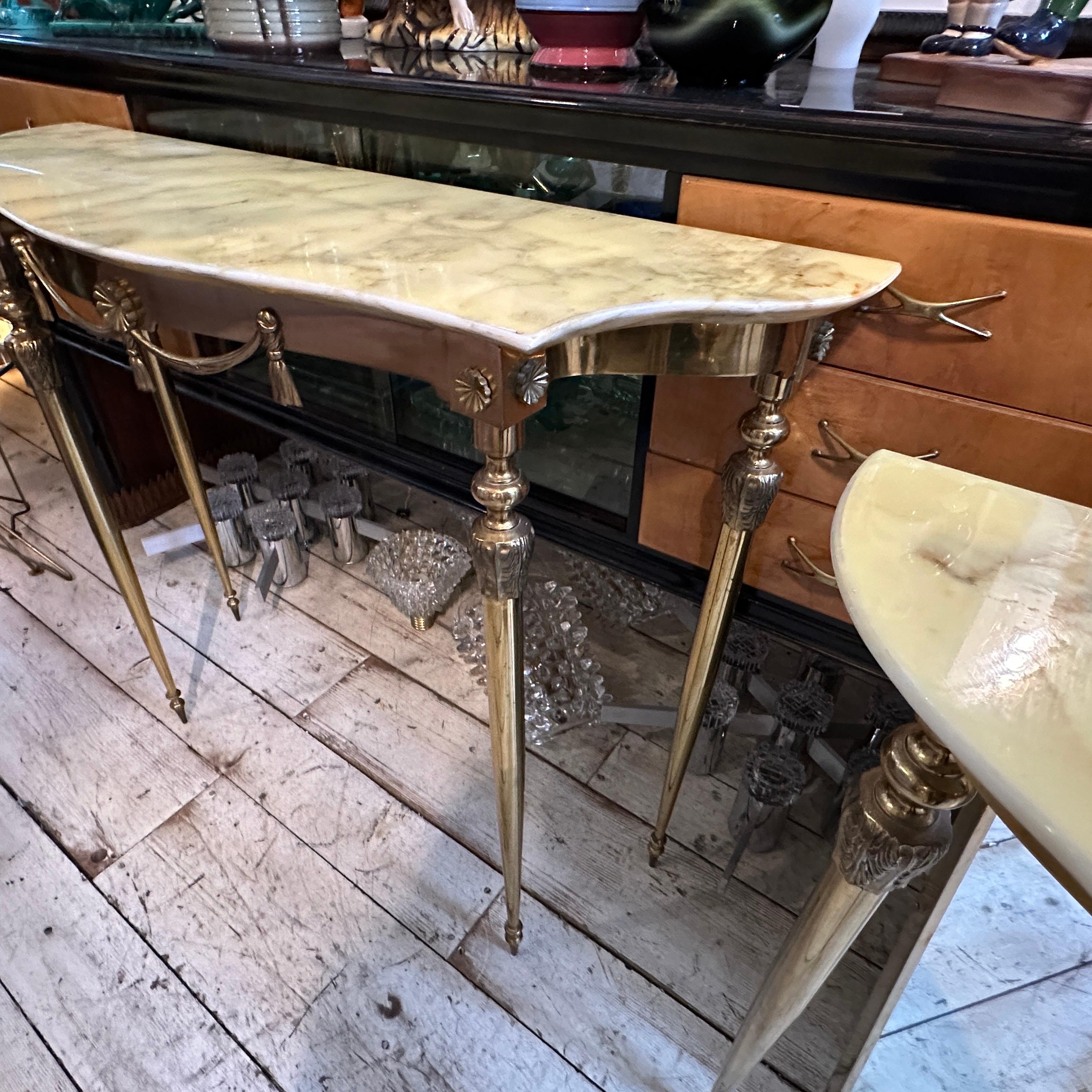 Neoclassical Revival Set of Two 1950s Neoclassical Brass and Onyx Marble Italian Console Tables
