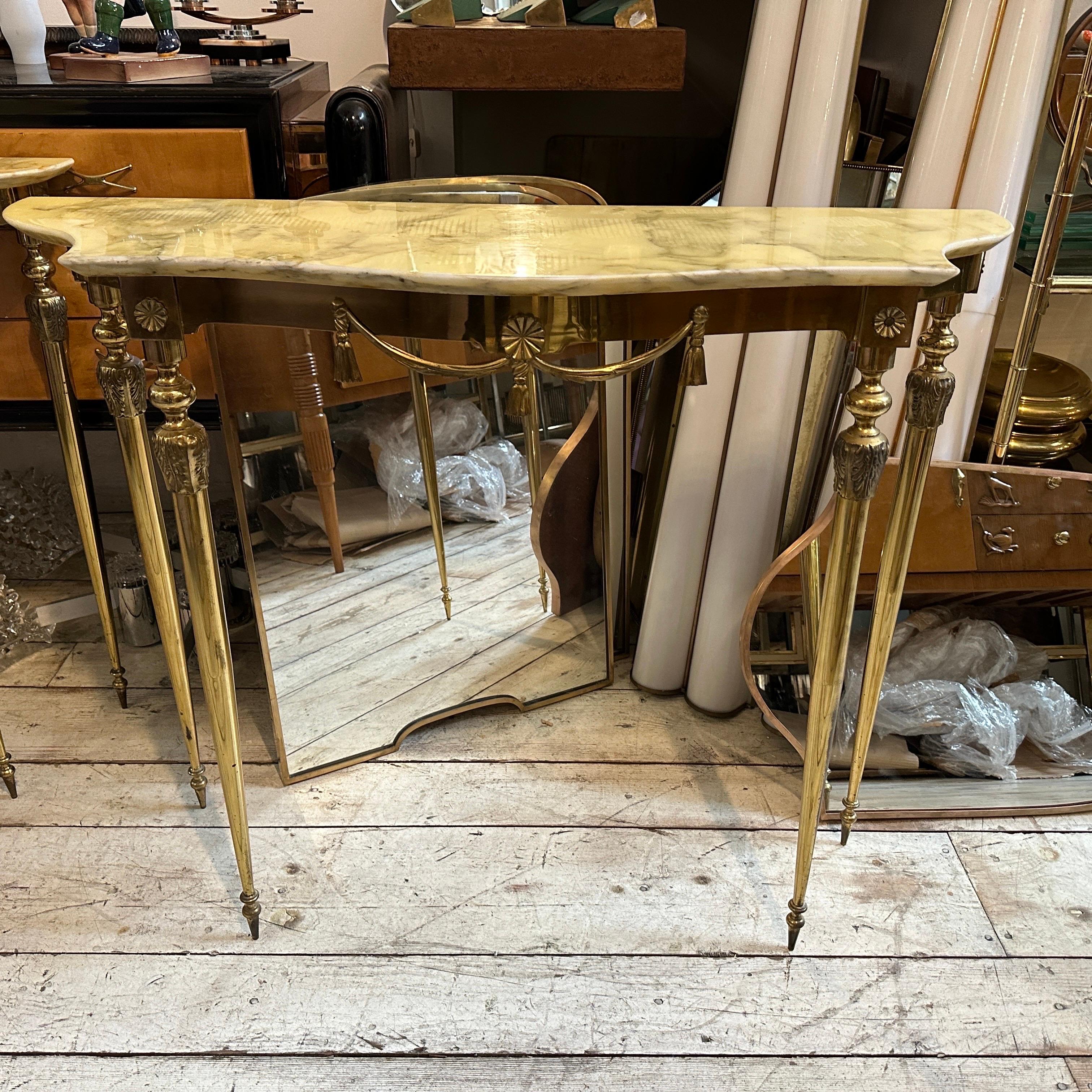 20th Century Set of Two 1950s Neoclassical Brass and Onyx Marble Italian Console Tables