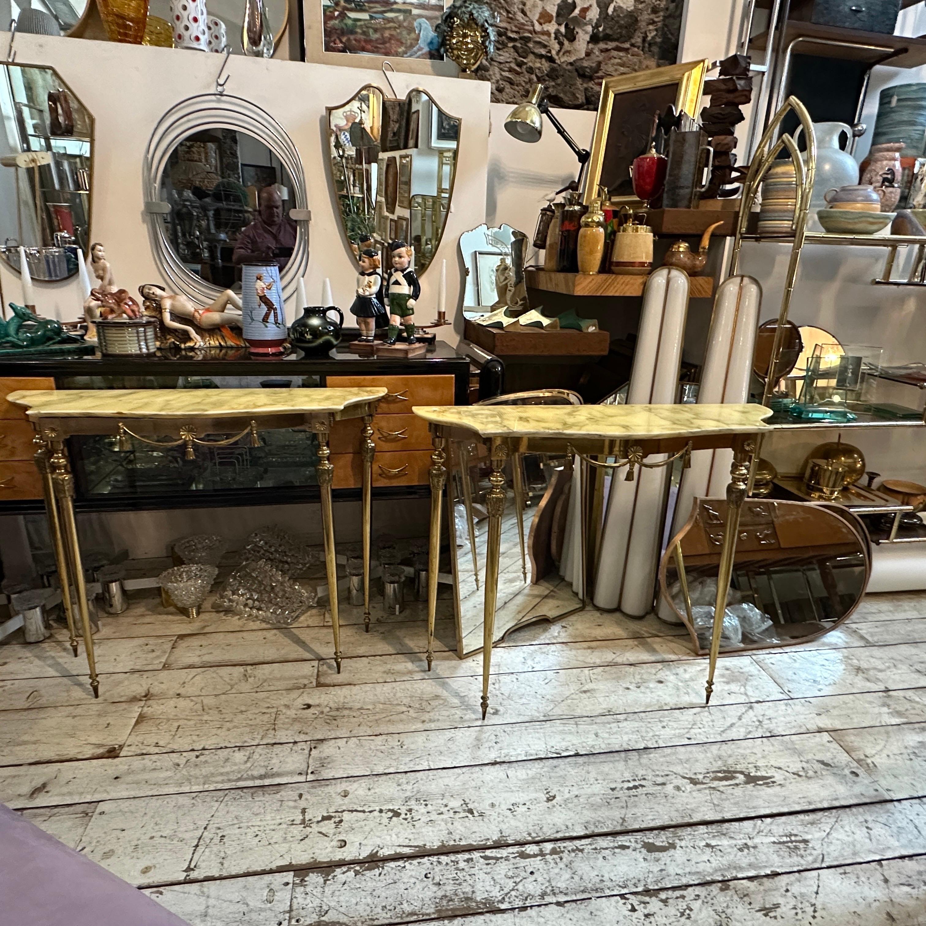 Set of Two 1950s Neoclassical Brass and Onyx Marble Italian Console Tables 1