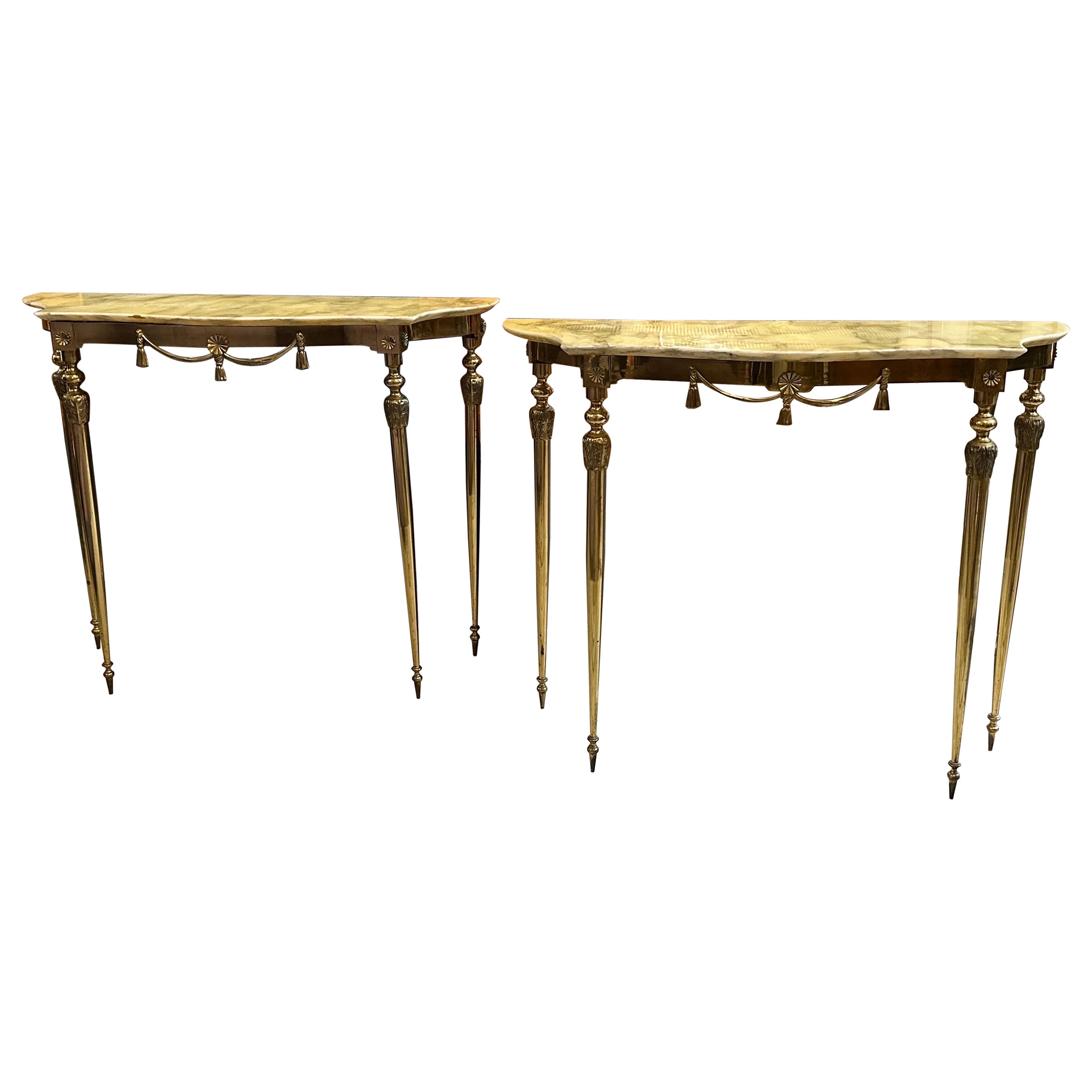 Set of Two 1950s Neoclassical Brass and Onyx Marble Italian Console Tables