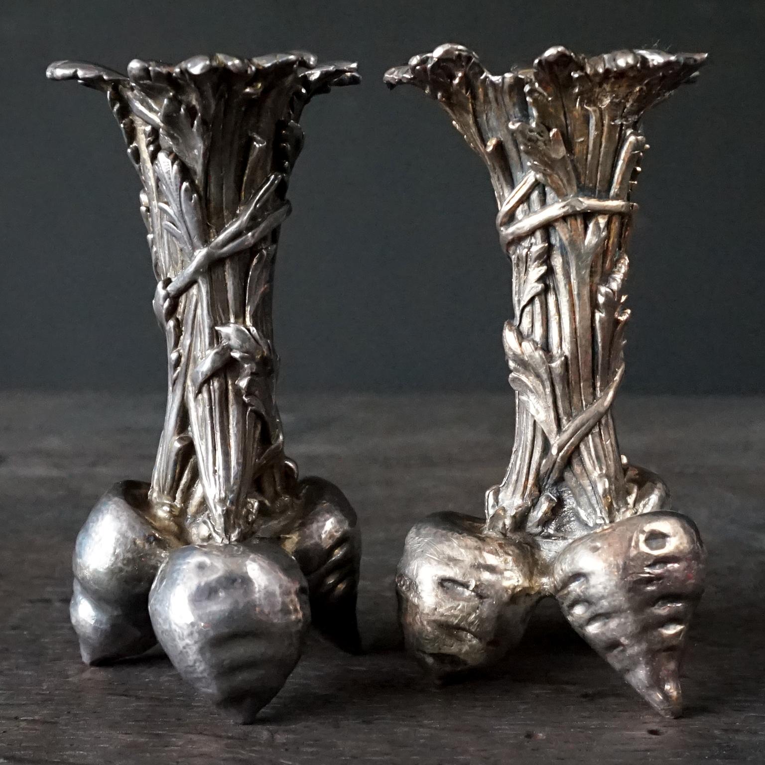 Mid-20th Century  Set of Two 1960s French Christofle Silver Plated Bronze Beets or Radishes Vases For Sale