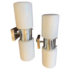 Set of Two 1960s Space Age Steel and Glass Italian Big Wall Sconces By Mazzega
