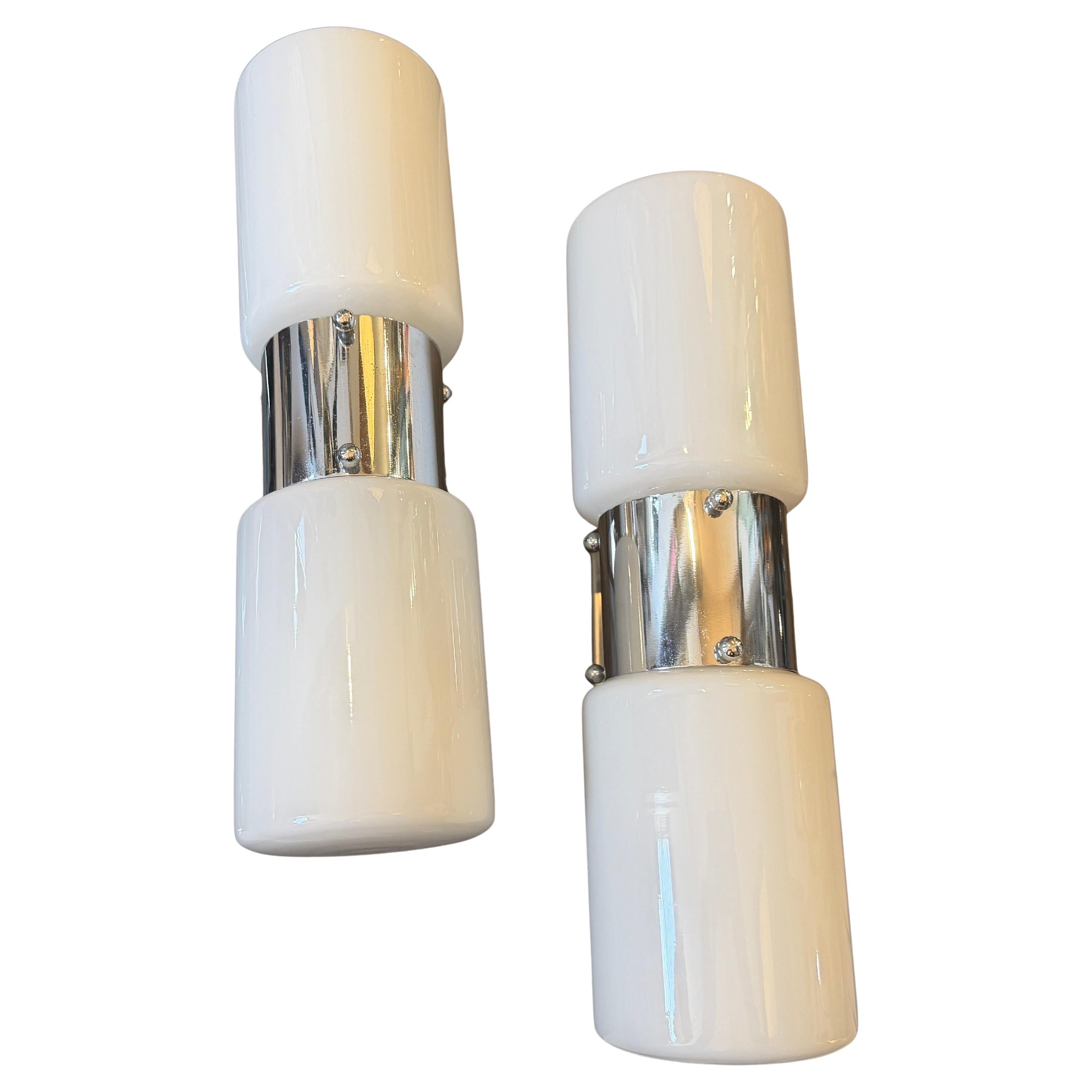 Set of Two 1960s Space Age Steel and Glass Italian Big Wall Sconces By Mazzega For Sale