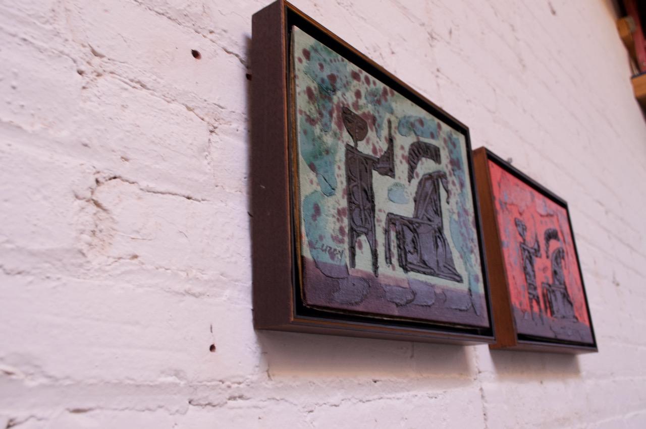 Set of two 1960s oil paintings by Luzon (San Francisco, CA, USA), showcasing the impasto technique with which he is commonly associated. Features a Trojan warrior and horse, both recurring subjects in Luzon's works. One panel is red, the other light