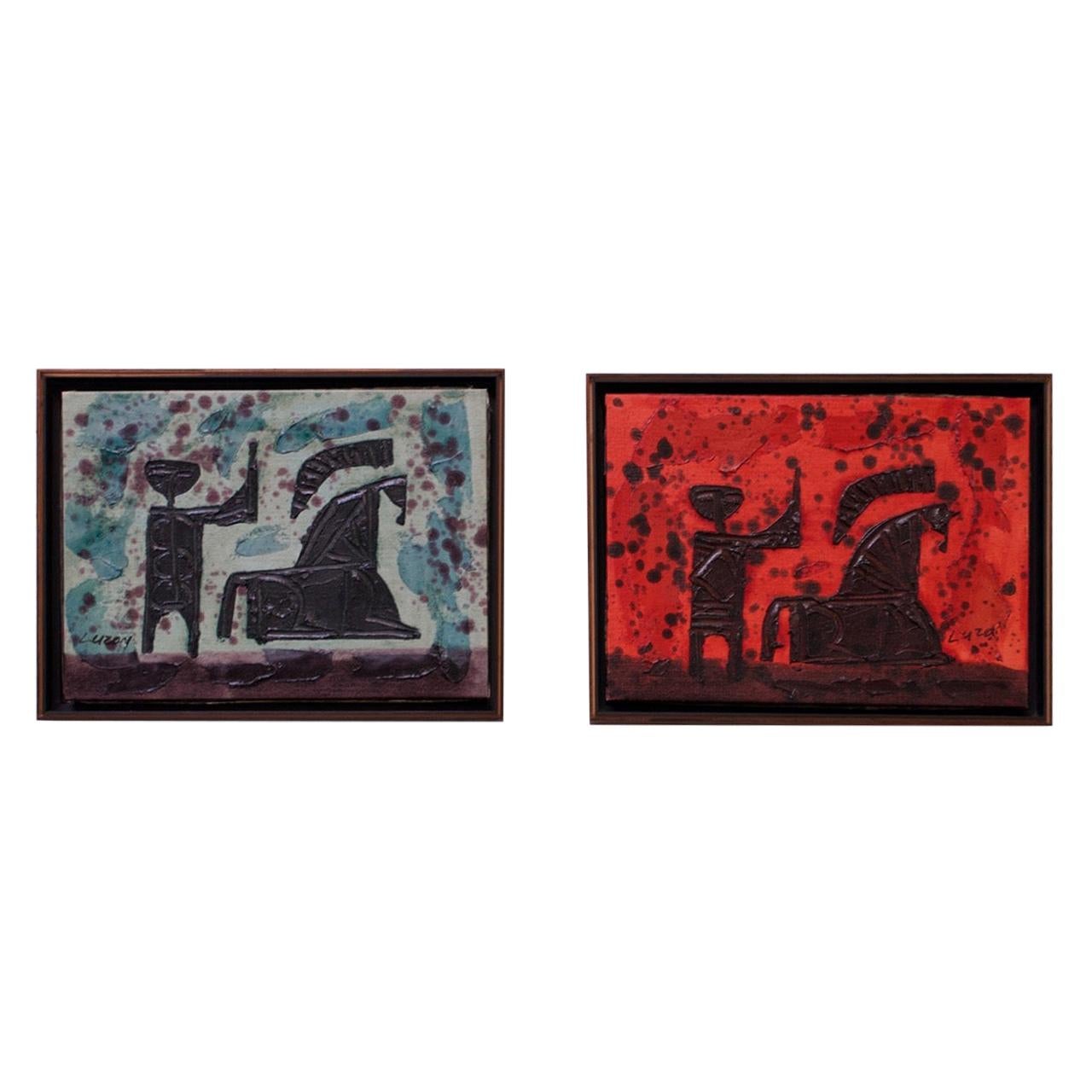 Ensemble de deux peintures à l'huile sur toile Impasto Trojan des années 1960 de Luzon