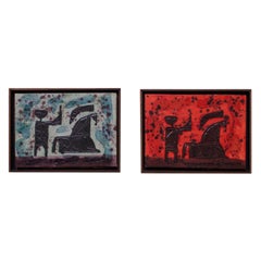 Conjunto de dos cuadros al óleo sobre lienzo "Troyano" de Luzón, de la década de 1960