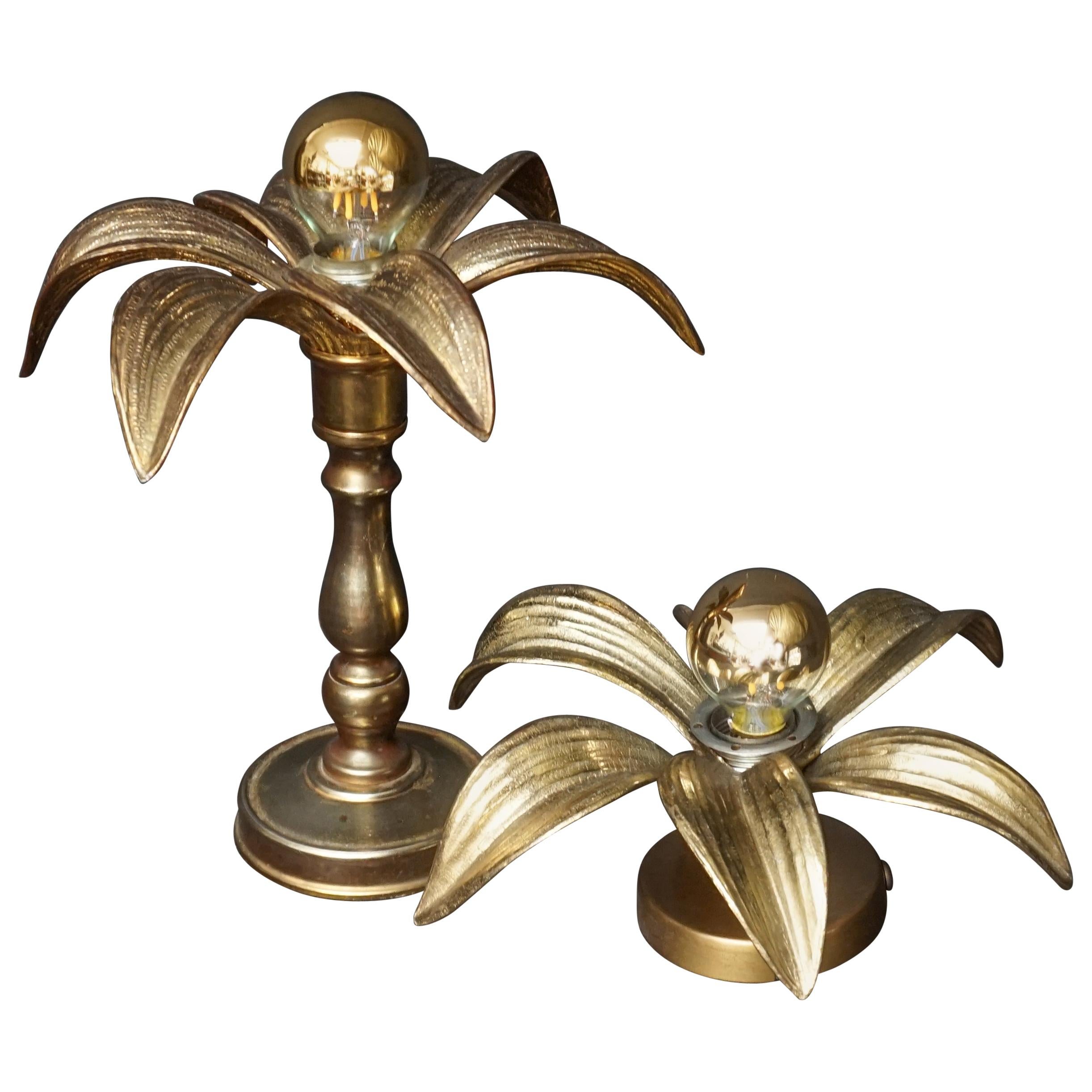 Set of Two 1970s Hollywood Regency Belgium Willy Daro Brass Flower Table Lights