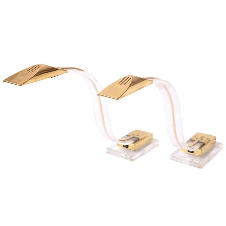 Set of Two 1970s Italian Modern Brass, Lucite Desk Lamps For Sale