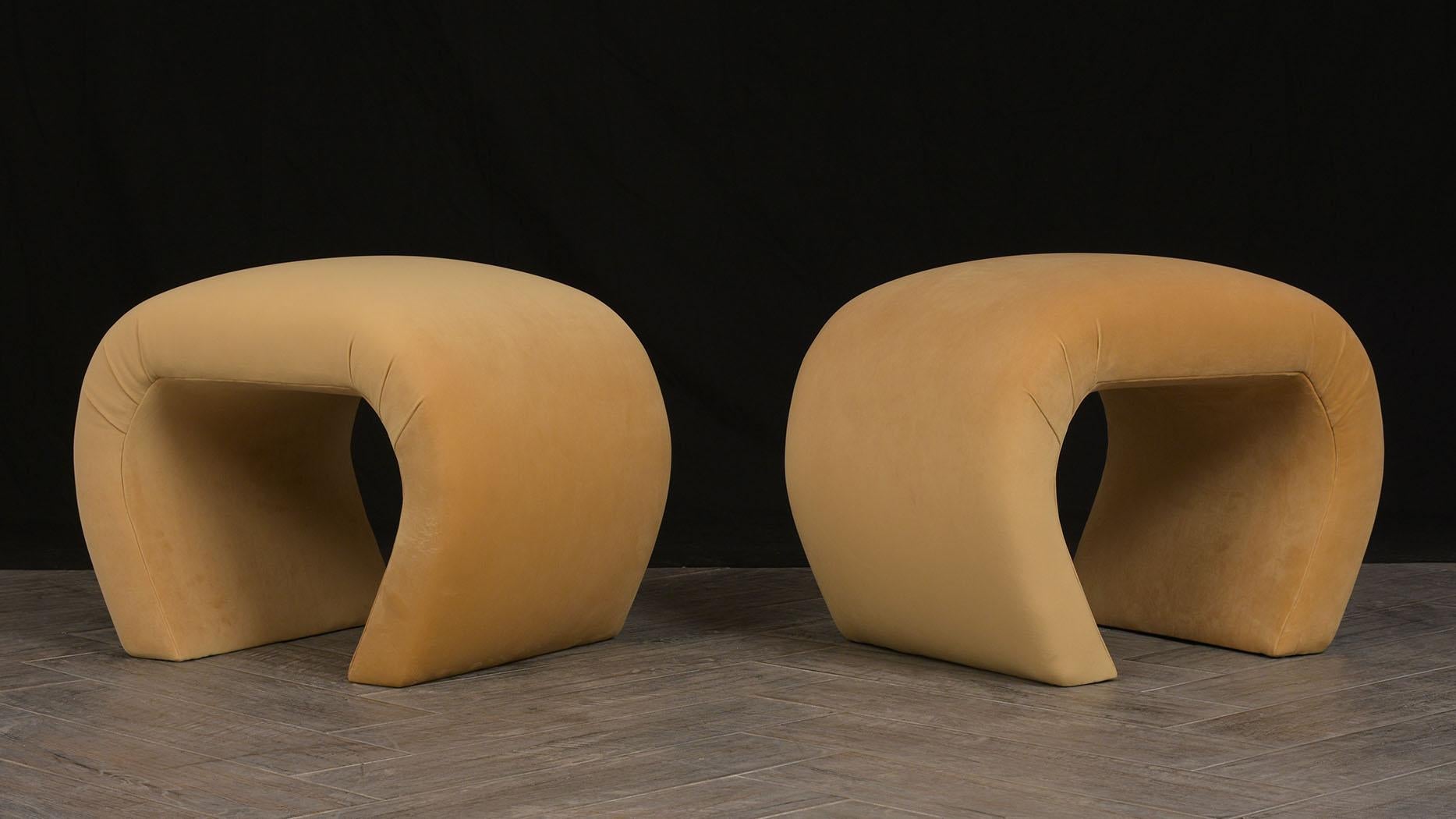Set of two circa 1970s Modern waterfall benches. Professionally reupholstered in a peach colored velvet.

 