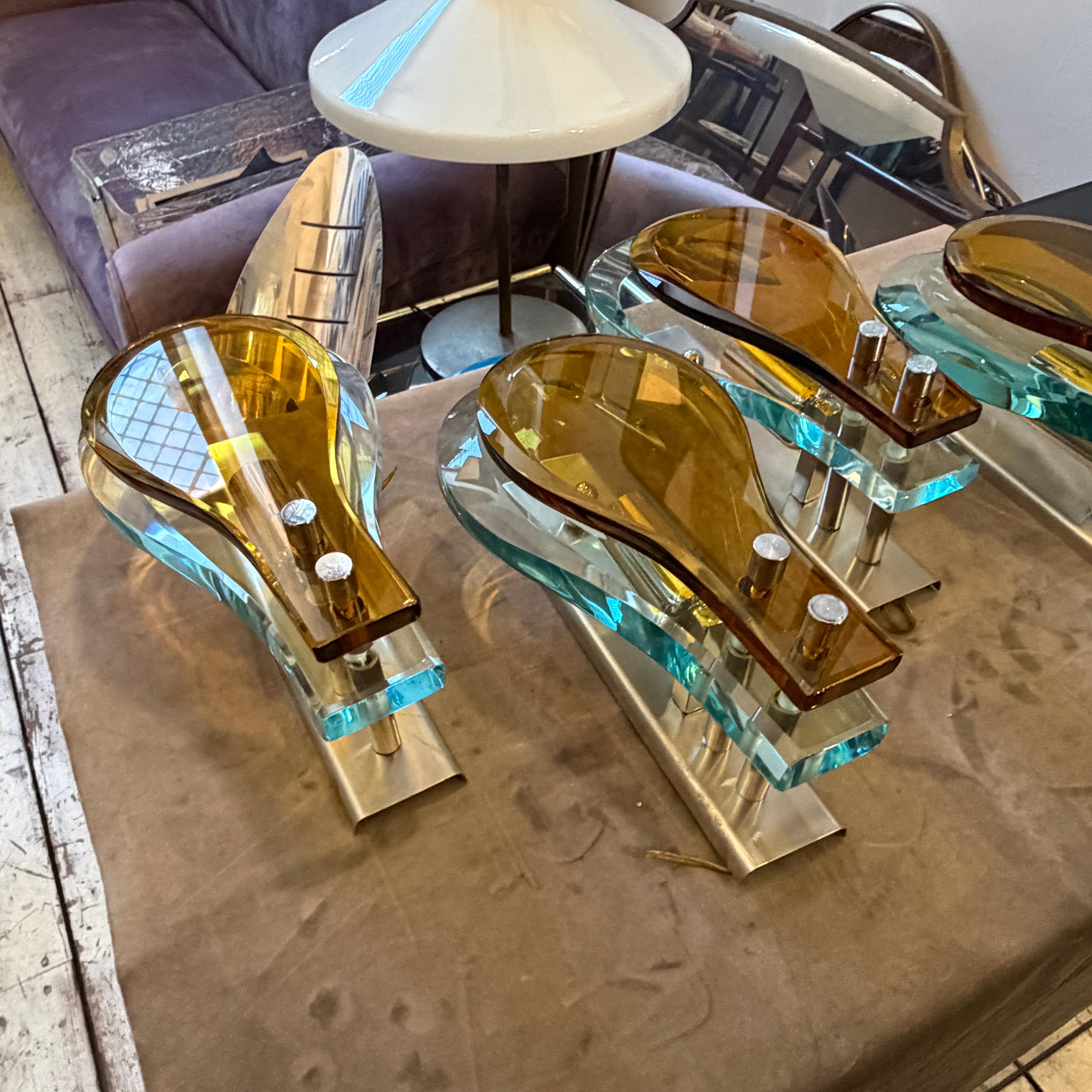 Set of Two 1970s Space Age Amber and Green Heavy Glass Wall Sconces by Veca in vendita 9
