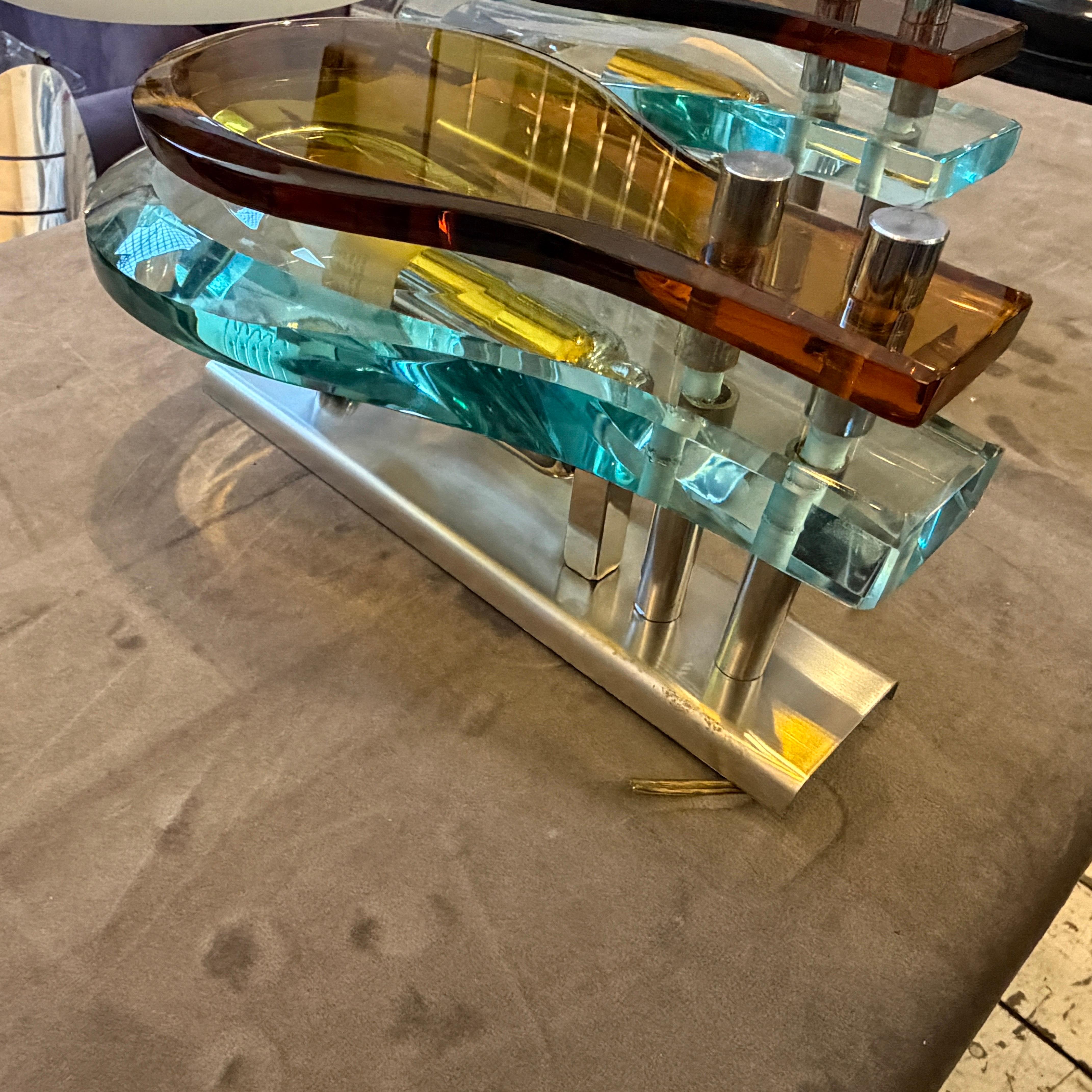 Italiano Set of Two 1970s Space Age Amber and Green Heavy Glass Wall Sconces by Veca in vendita