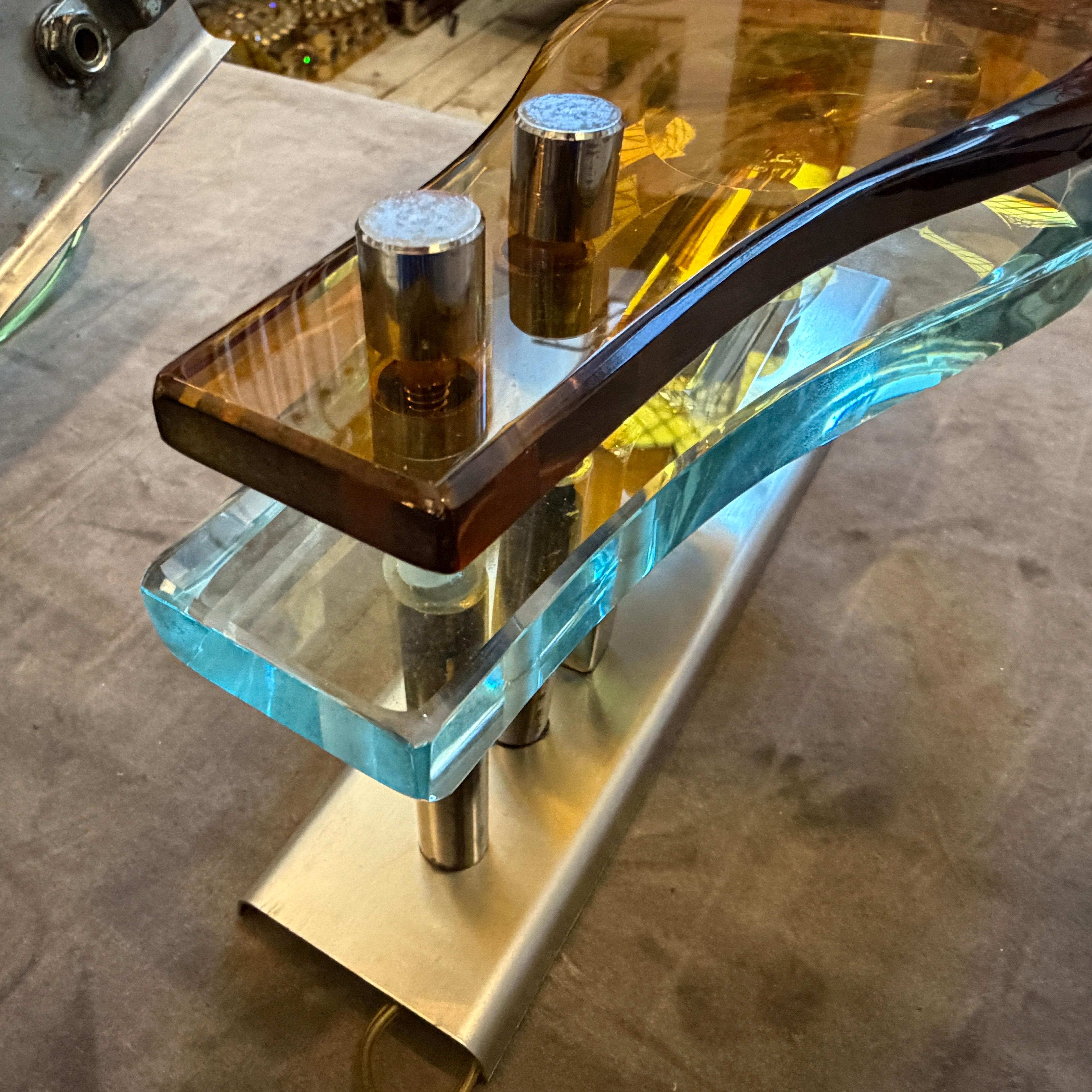 Vetro Set of Two 1970s Space Age Amber and Green Heavy Glass Wall Sconces by Veca in vendita