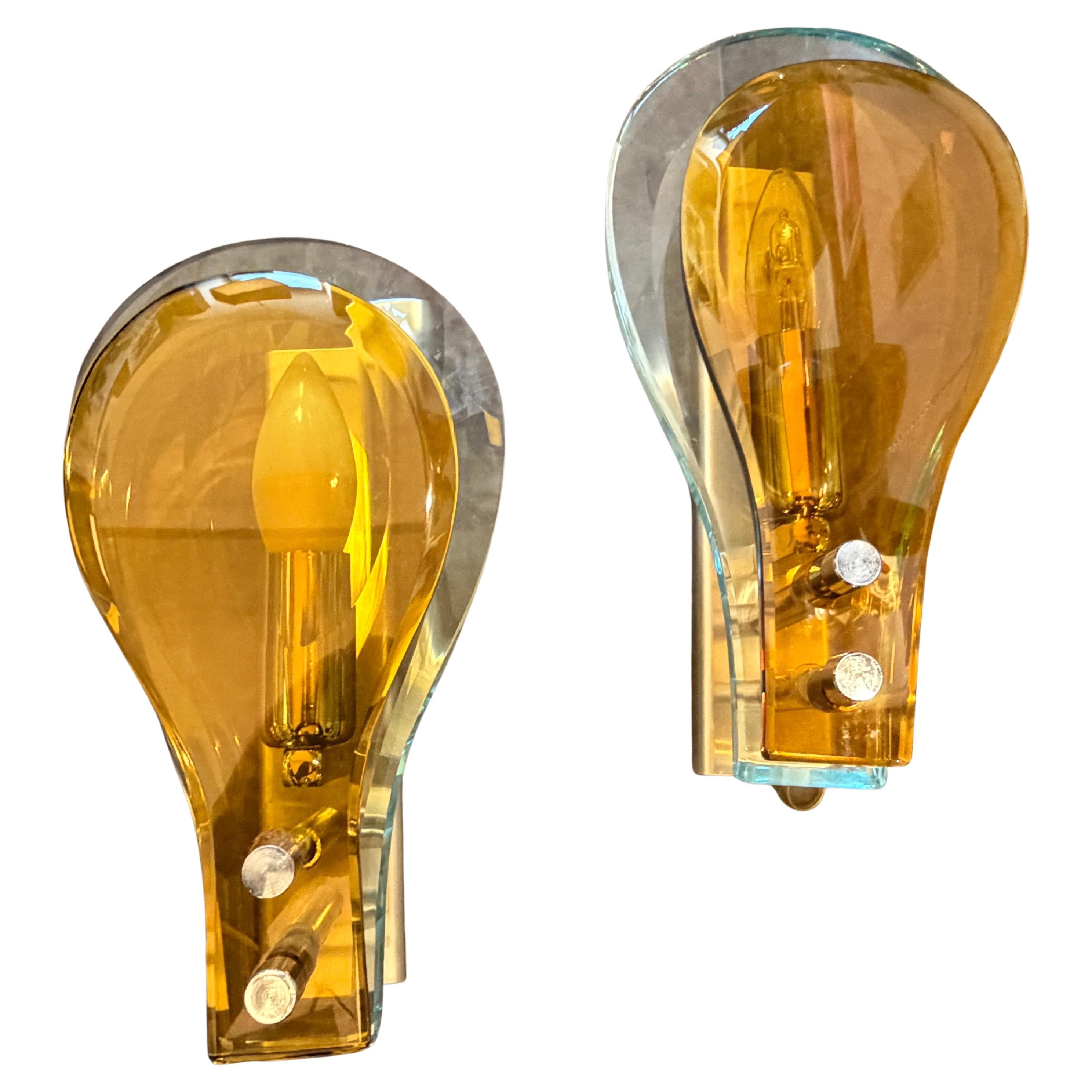 Set of Two 1970s Space Age Amber and Green Heavy Glass Wall Sconces by Veca