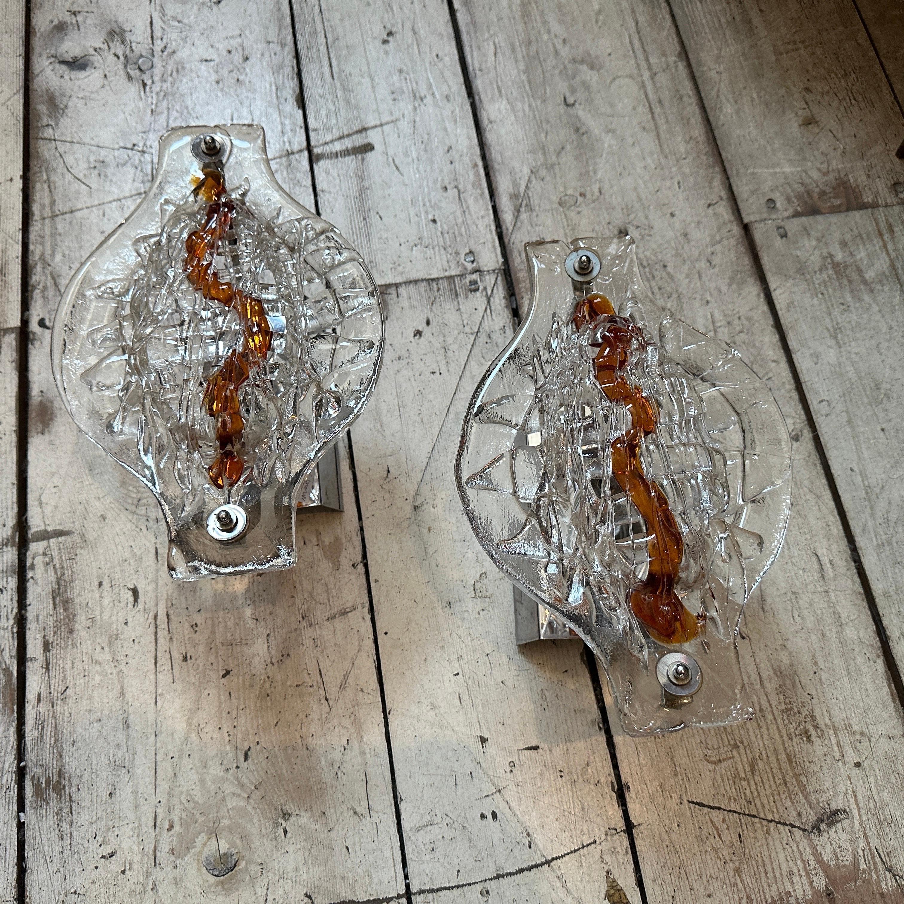 Set di due lampade da parete in vetro di Murano marrone e trasparente degli anni '70 di Mazzega AGE in vendita 2
