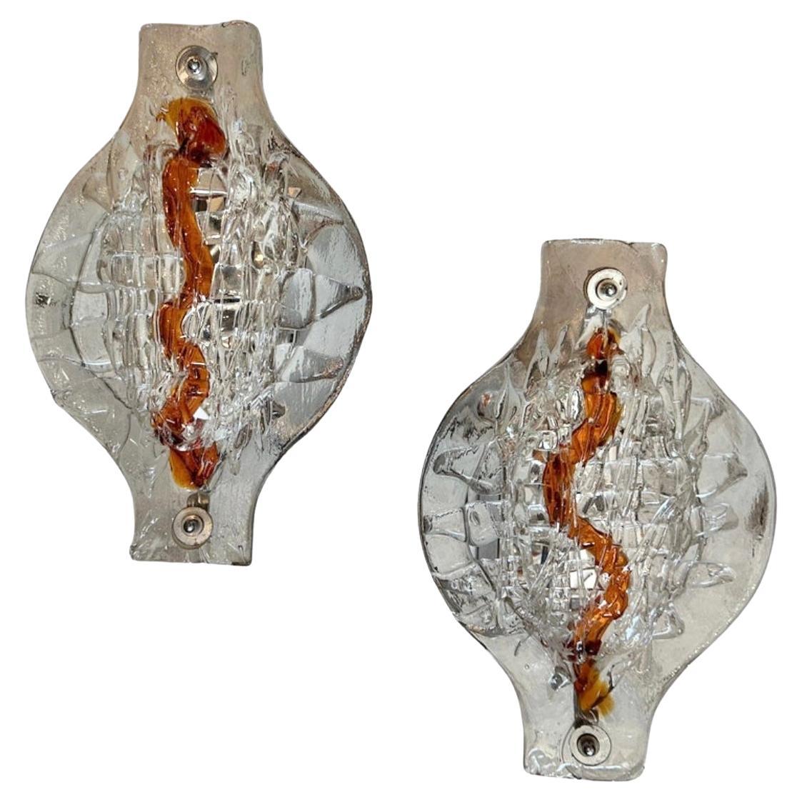 Set of Two 1970s Space Age Clear and Brown Murano Glass Wall Sconces by Mazzega