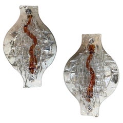 Set of Two 1970s Space Age Clear and Brown Murano Glass Wall Sconces by Mazzega