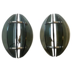 Two 1970s Space Age Smoked Glass and Chromed Metal Italian Wall Sconces by Veca