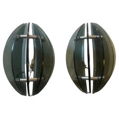 Vintage Set of Two 1970s Space Age Glass and Chromed Metal Italian Wall Sconces by Veca