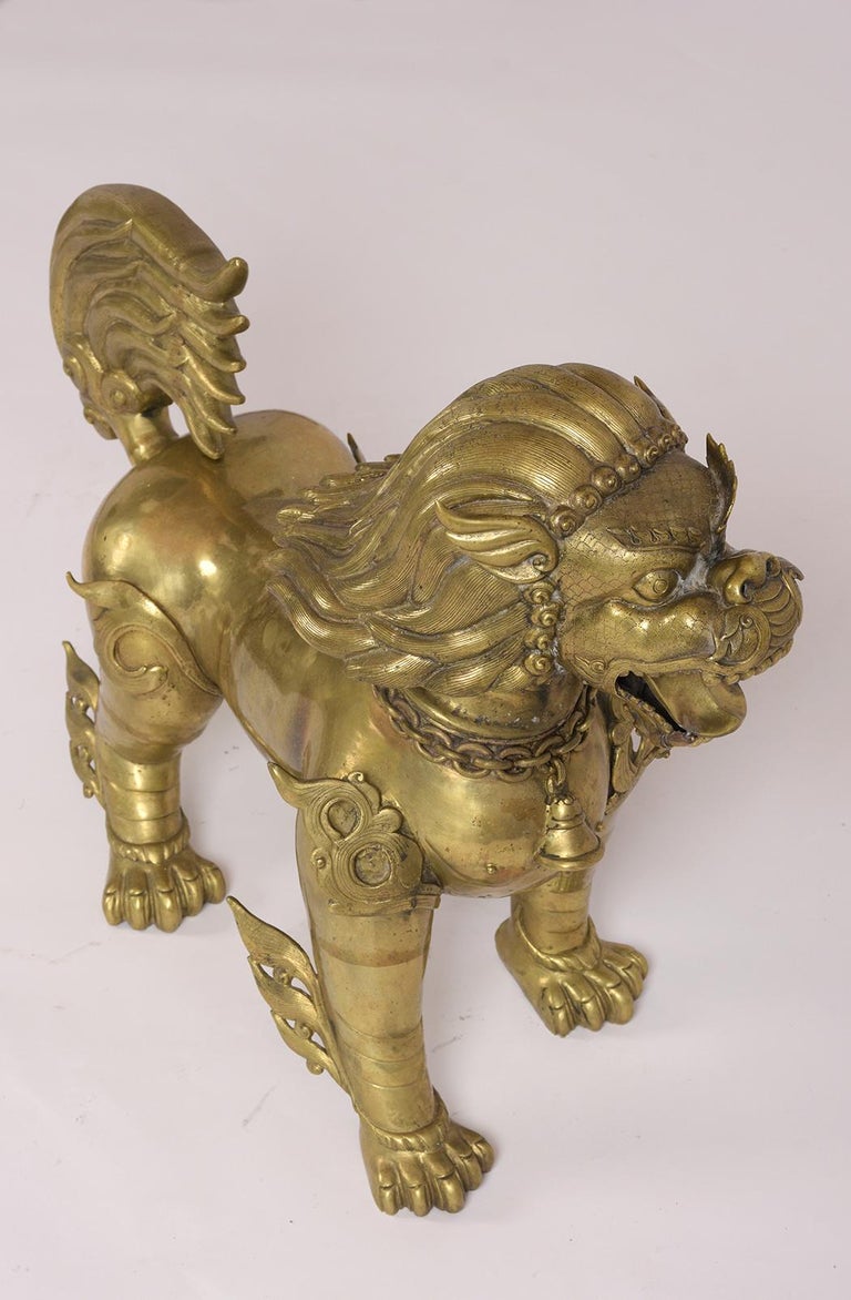 Pair of Brass Chinese Standing Foo Dogs For Sale at 1stdibs