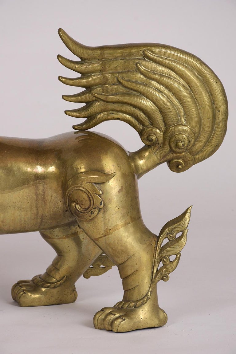 Pair of Brass Chinese Standing Foo Dogs For Sale at 1stdibs