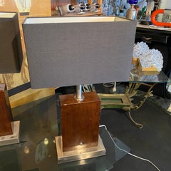 Set of Two 1980s Modernist Wood and Metal Rectangular Italian Table Lamps
