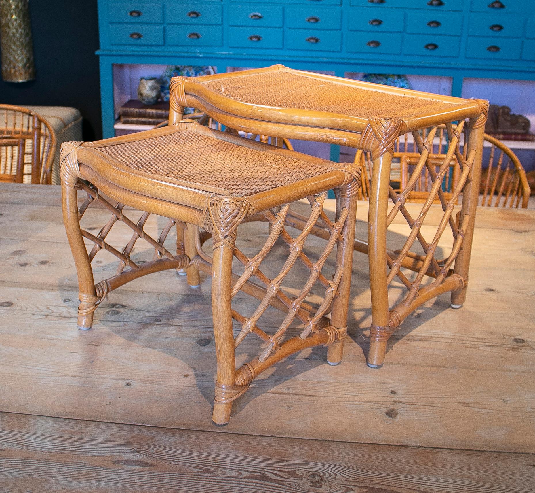 20th Century Set of Two 1980s Spanish Hand Woven Bamboo Nesting Tables