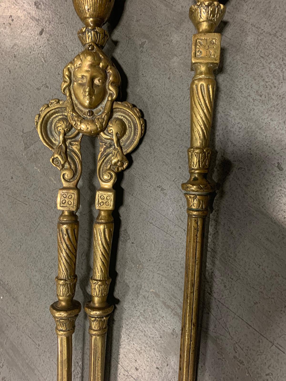 Set of Two 19th-20th Century French Neoclassical Bronze Fire Tools Poker & Tongs In Good Condition For Sale In Atlanta, GA