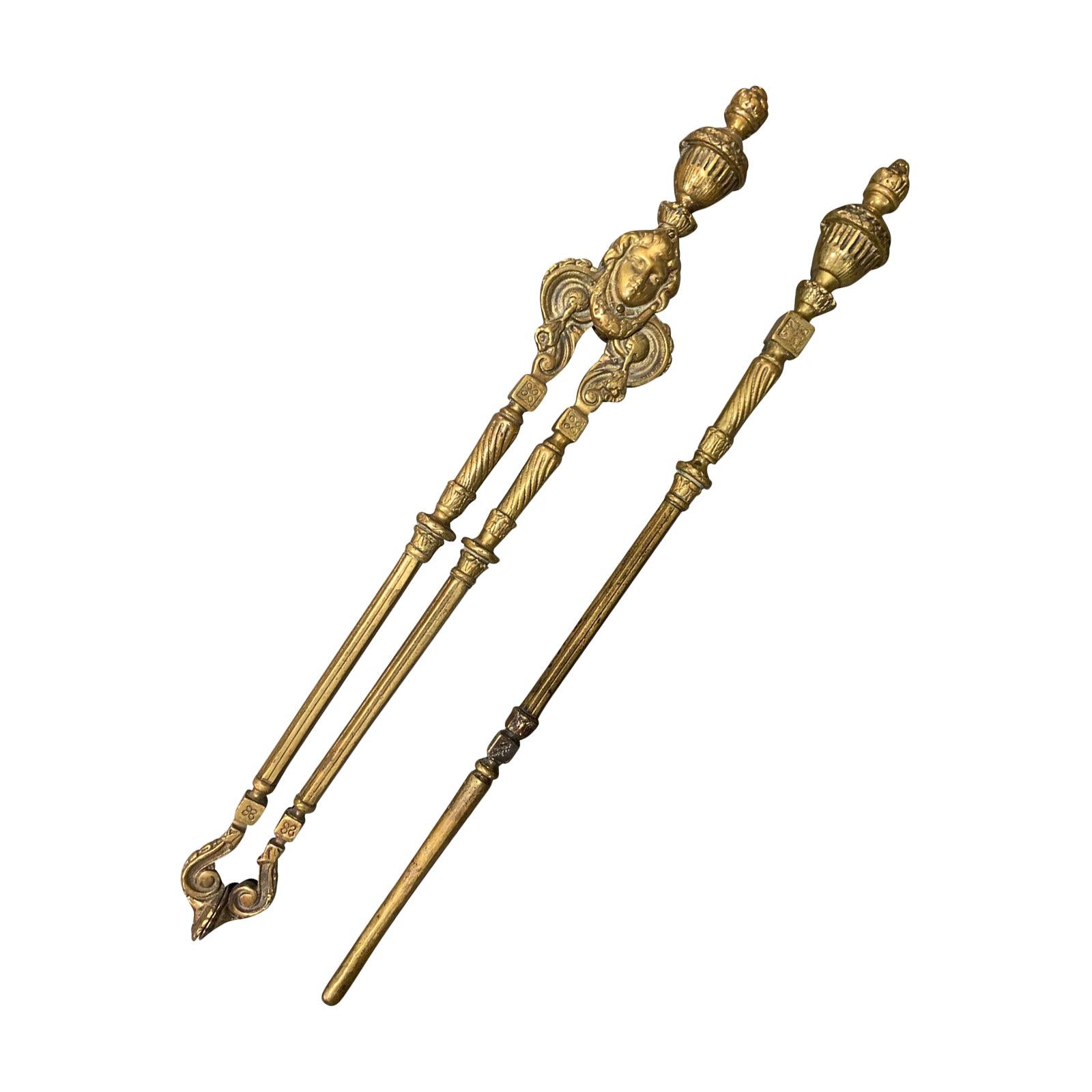 Set of Two 19th-20th Century French Neoclassical Bronze Fire Tools Poker & Tongs For Sale