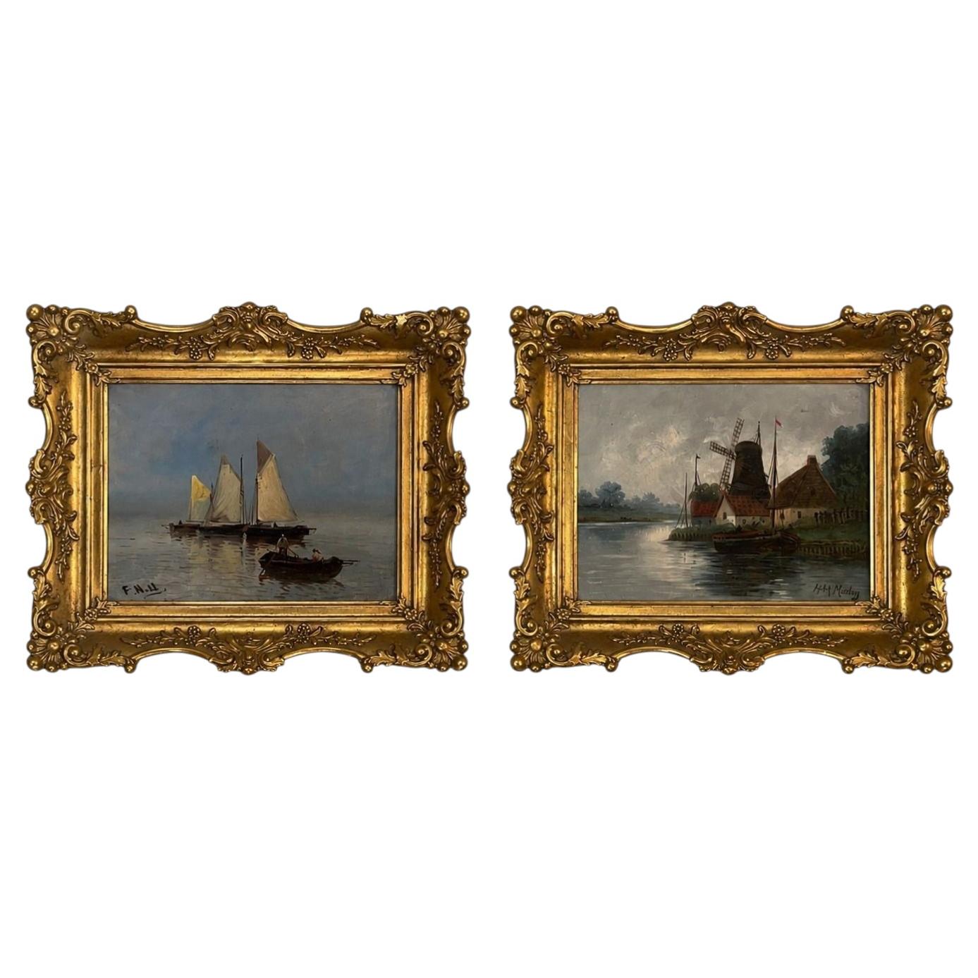 Lot de deux peintures à l'huile marines anciennes du XIXe siècle dans des cadres dorés